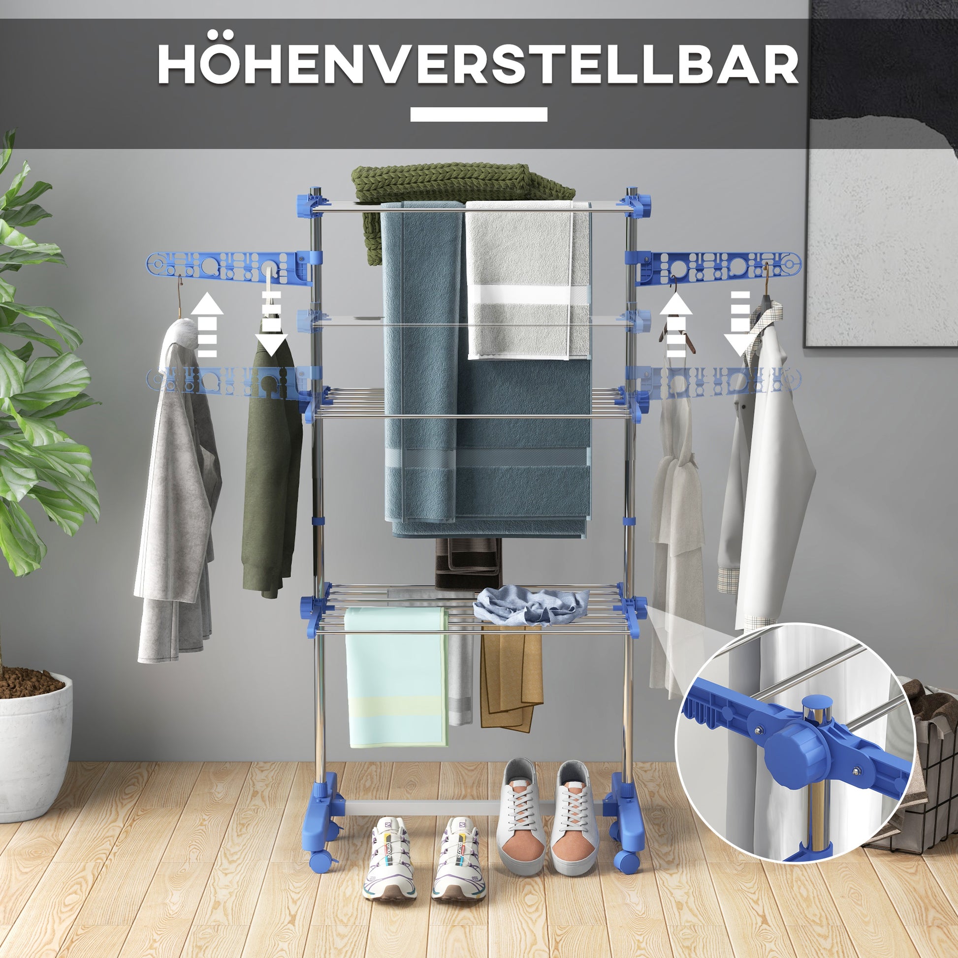 Laundry Stand Tower Dryer with 3 Levels, Foldable Wings, Wheels, Tower Laundry Stand for Indoor and Outdoor Use, 142 x 55 x 152 cm, Blue