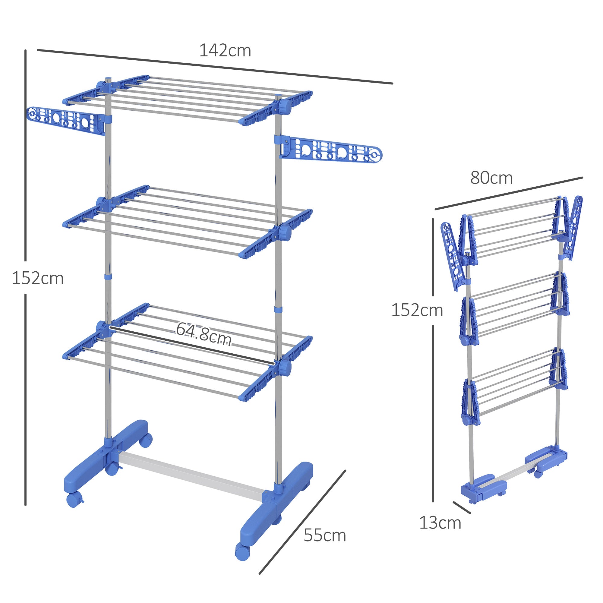 Laundry Stand Tower Dryer with 3 Levels, Foldable Wings, Wheels, Tower Laundry Stand for Indoor and Outdoor Use, 142 x 55 x 152 cm, Blue