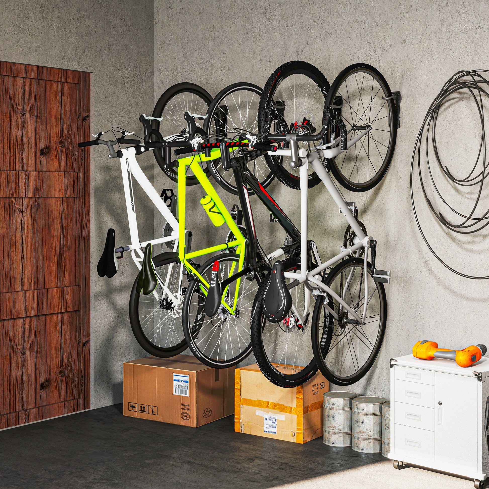SPORTNOW 4-Piece Set Vertical Bike Wall Mount with 30 kg Capacity Foldable Bike Bracket Wall for 4 Bikes Bike Stand for Road Bike, MTB E-Bike Bike Suspension for Garage Home Black