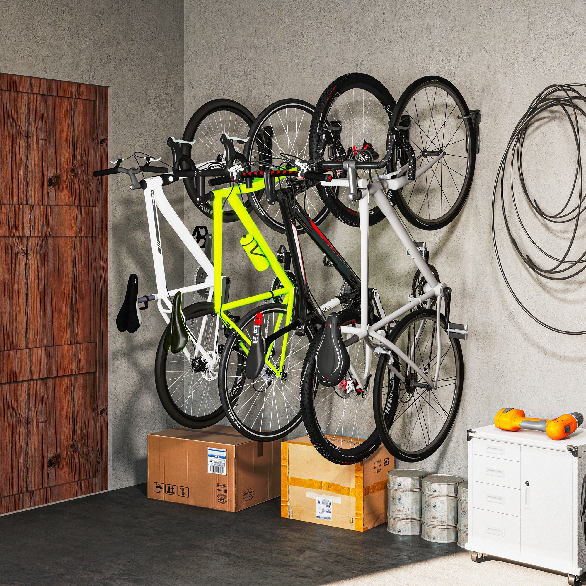 SPORTNOW 4-Piece Set Vertical Bike Wall Mount with 30 kg Capacity Foldable Bike Bracket Wall for 4 Bikes Bike Stand for Road Bike, MTB E-Bike Bike Suspension for Garage Home Black