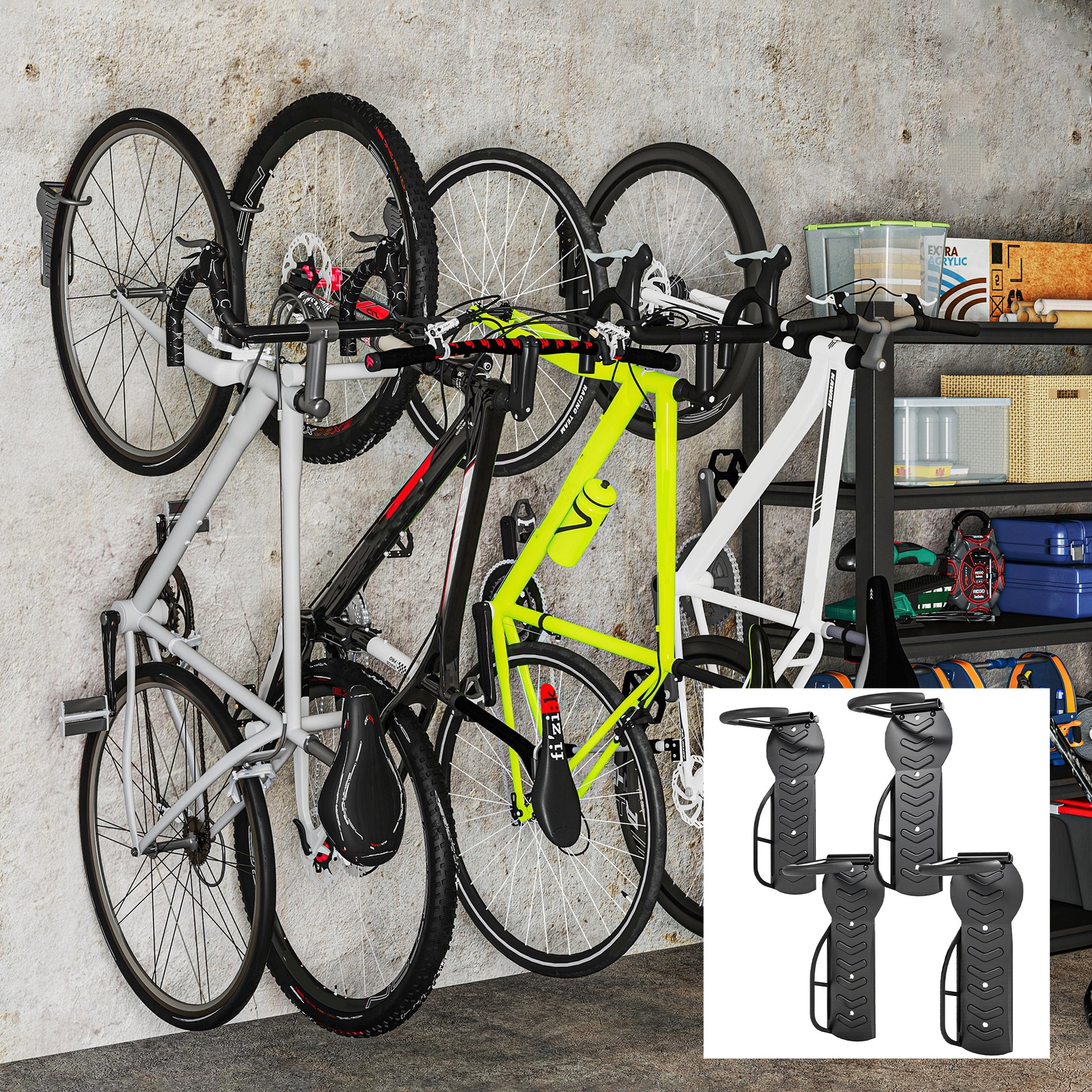 SPORTNOW 4-Piece Set Vertical Bike Wall Mount with 30 kg Capacity Foldable Bike Bracket Wall for 4 Bikes Bike Stand for Road Bike, MTB E-Bike Bike Suspension for Garage Home Black