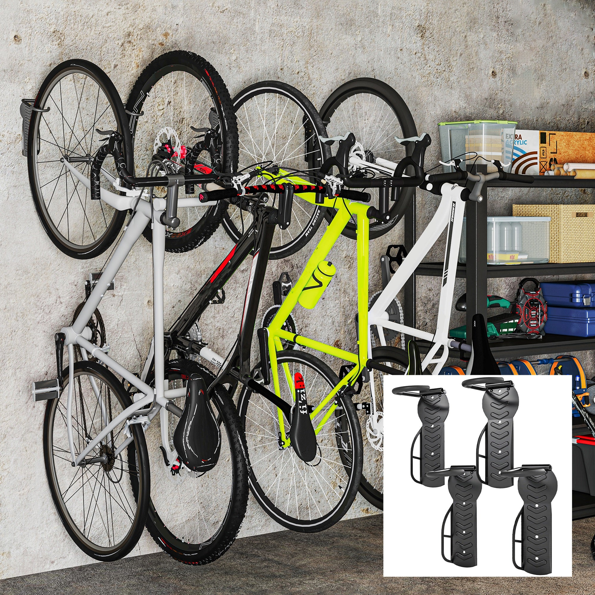 SPORTNOW 4-Piece Set Vertical Bike Wall Mount with 30 kg Capacity Foldable Bike Bracket Wall for 4 Bikes Bike Stand for Road Bike, MTB E-Bike Bike Suspension for Garage Home Black