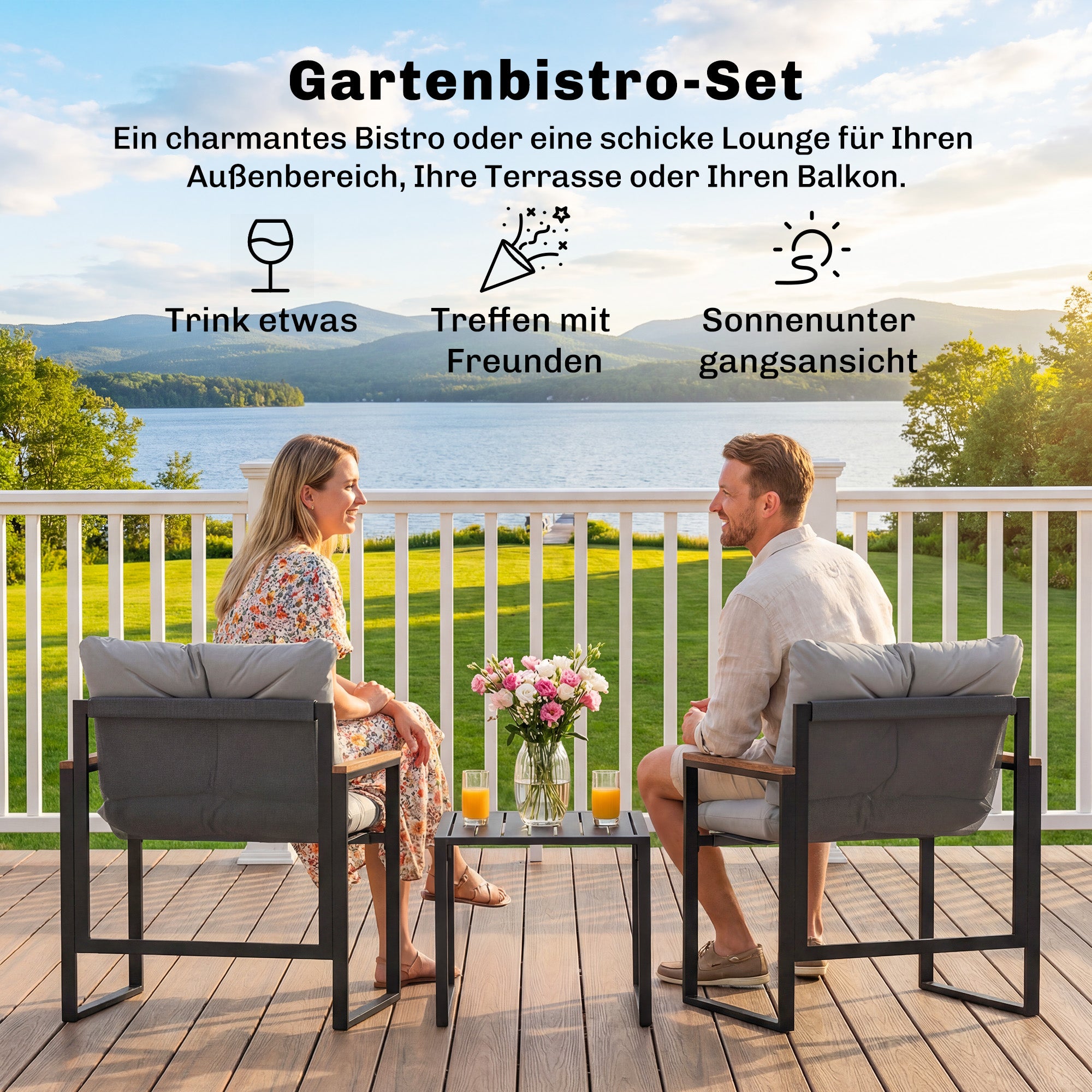 3-Piece Bistro Set for 2 — Metal Frame, Cushioned Chairs & Side Table, Outdoor Furniture for Balcony, Patio, or Lawn