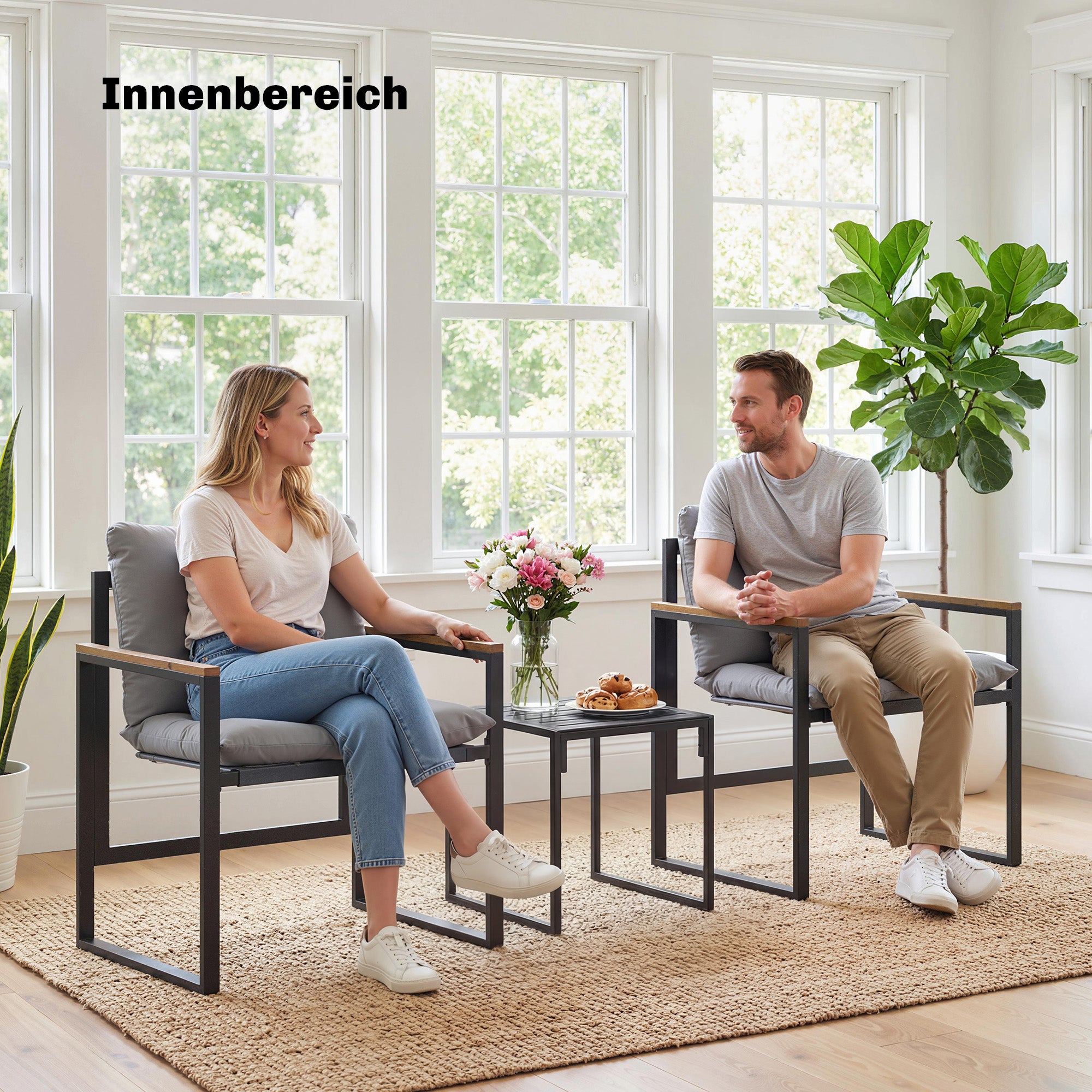 3-Piece Bistro Set for 2 — Metal Frame, Cushioned Chairs & Side Table, Outdoor Furniture for Balcony, Patio, or Lawn