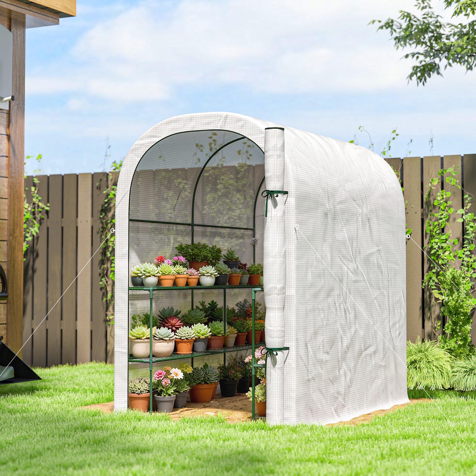 Garden Greenhouse with Shelves, 123 x 187 x 189 cm (48.4 x 73.6 x 74.4 in) – Roll-Up Door, 140 gsm High-Density PE Cover, Extended 10 cm, White