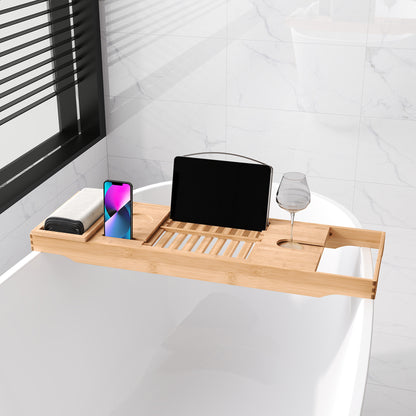 Bathtub Shelf Bathtub Bridge Tub Tray Storage Rack Bathtub Tray, Bamboo, Natural, (70-105) x 21.8 x 5 cm
