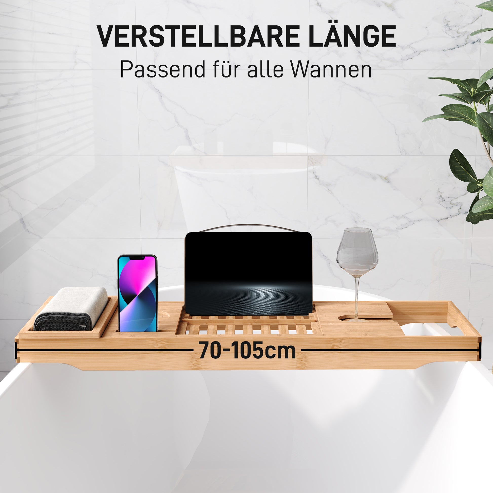 Bathtub Shelf Bathtub Bridge Tub Tray Storage Rack Bathtub Tray, Bamboo, Natural, (70-105) x 21.8 x 5 cm