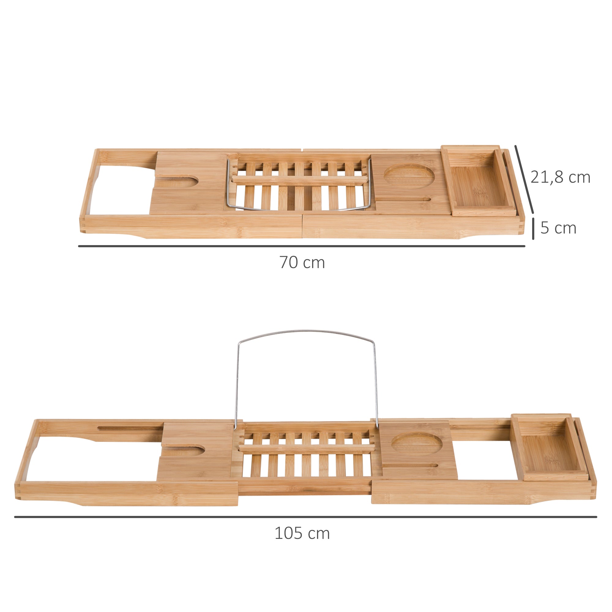 Bathtub Shelf Bathtub Bridge Tub Tray Storage Rack Bathtub Tray, Bamboo, Natural, (70-105) x 21.8 x 5 cm