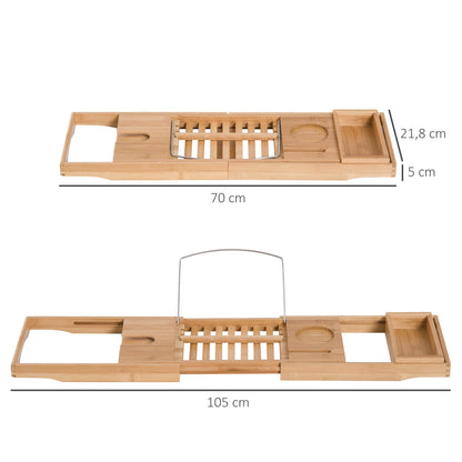 Bathtub Shelf Bathtub Bridge Tub Tray Storage Rack Bathtub Tray, Bamboo, Natural, (70-105) x 21.8 x 5 cm