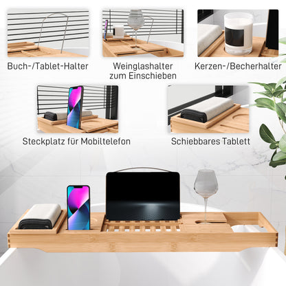 Bathtub Shelf Bathtub Bridge Tub Tray Storage Rack Bathtub Tray, Bamboo, Natural, (70-105) x 21.8 x 5 cm