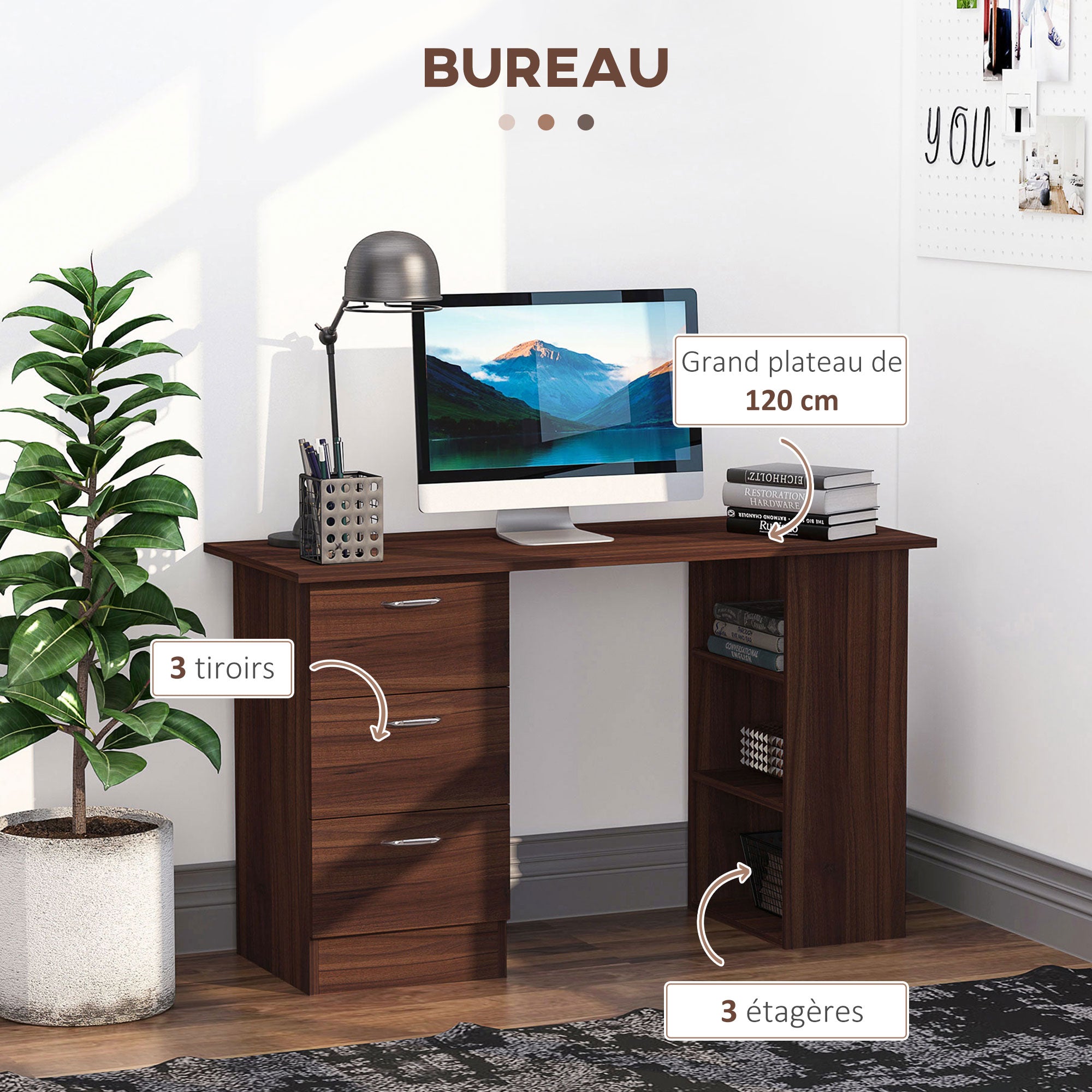 Desk with Storage, Computer Table 120 x 50 cm, Computer Desk with Shelves and Drawers, for Small Spaces, Bedroom, Walnut Finish