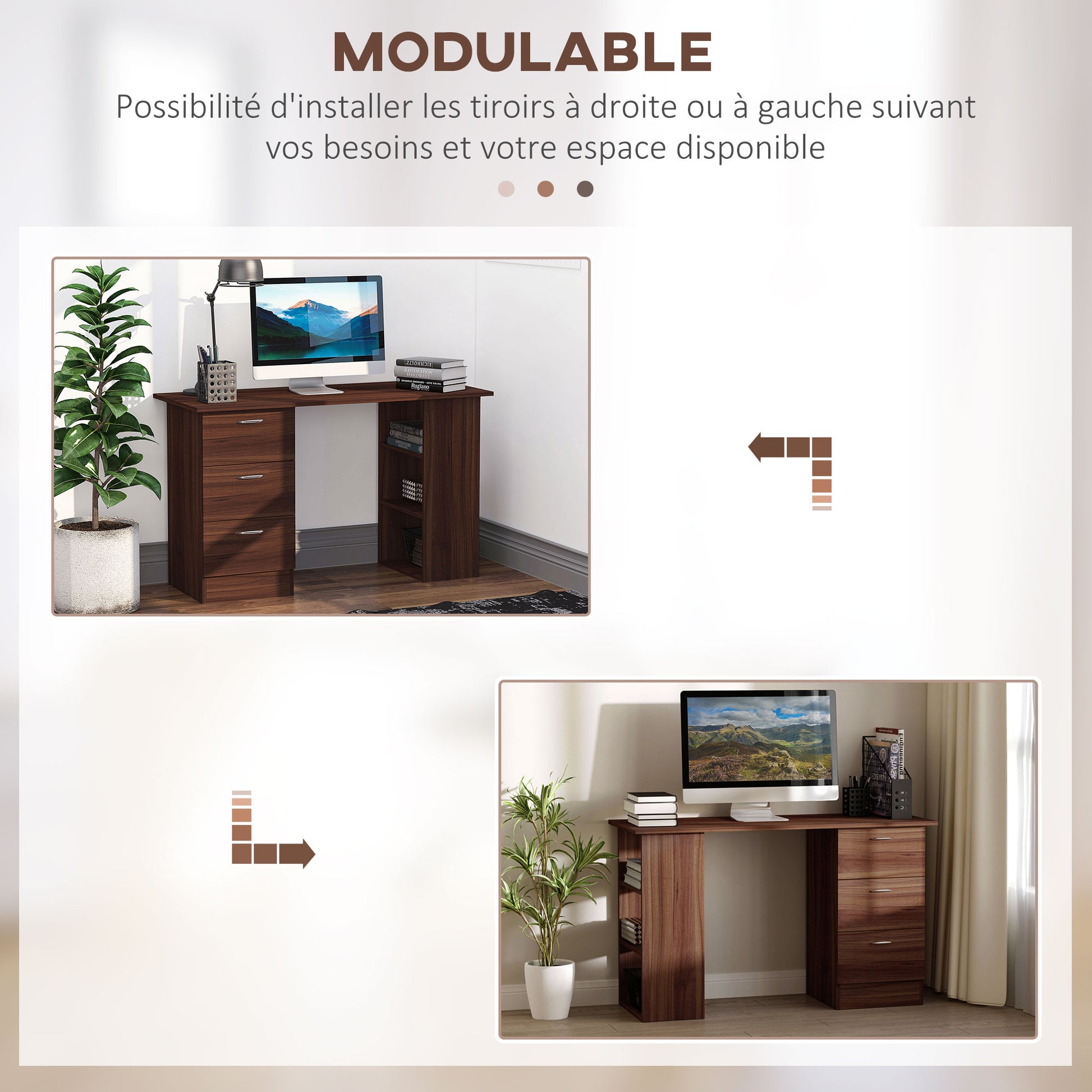 Desk with Storage, Computer Table 120 x 50 cm, Computer Desk with Shelves and Drawers, for Small Spaces, Bedroom, Walnut Finish
