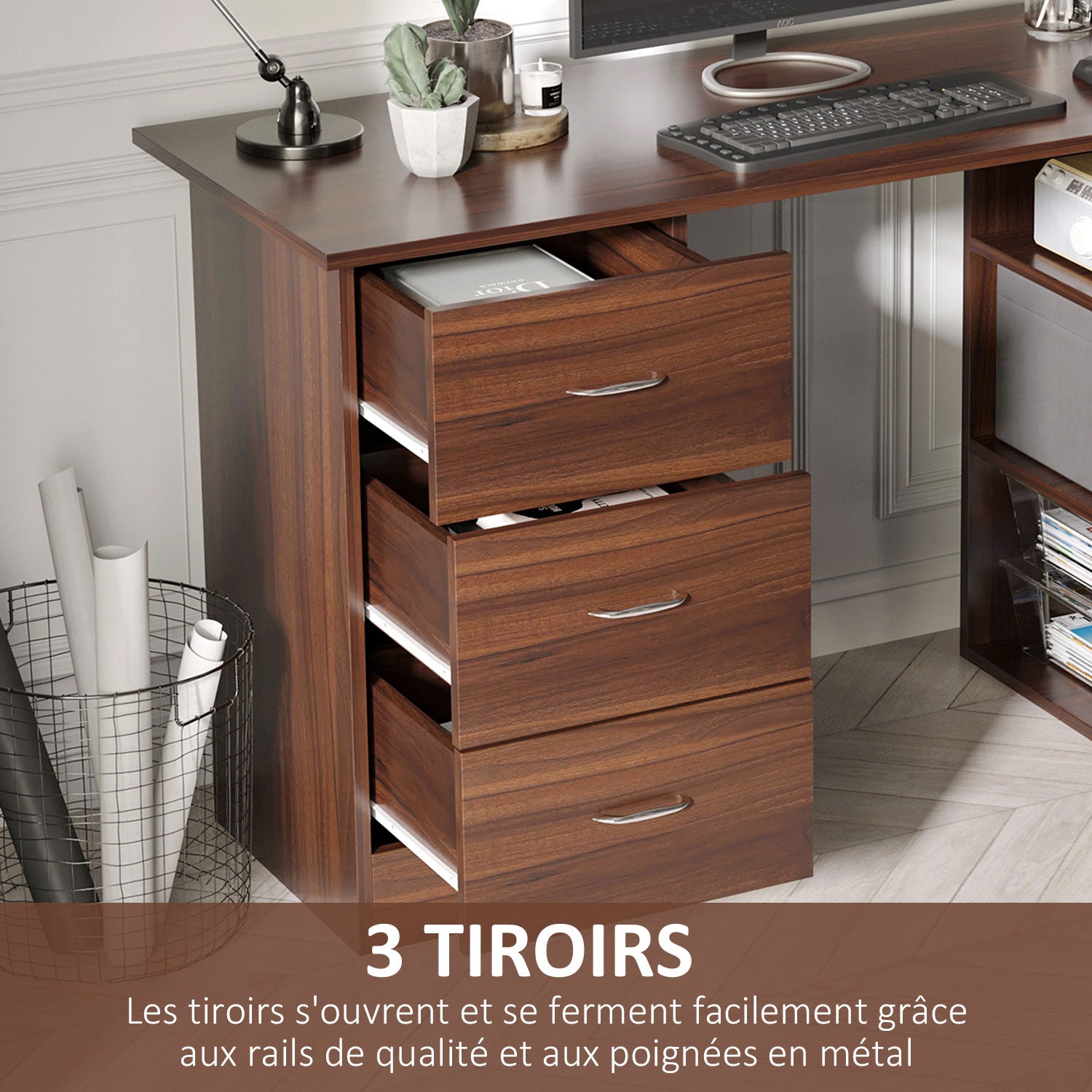 Desk with Storage, Computer Table 120 x 50 cm, Computer Desk with Shelves and Drawers, for Small Spaces, Bedroom, Walnut Finish
