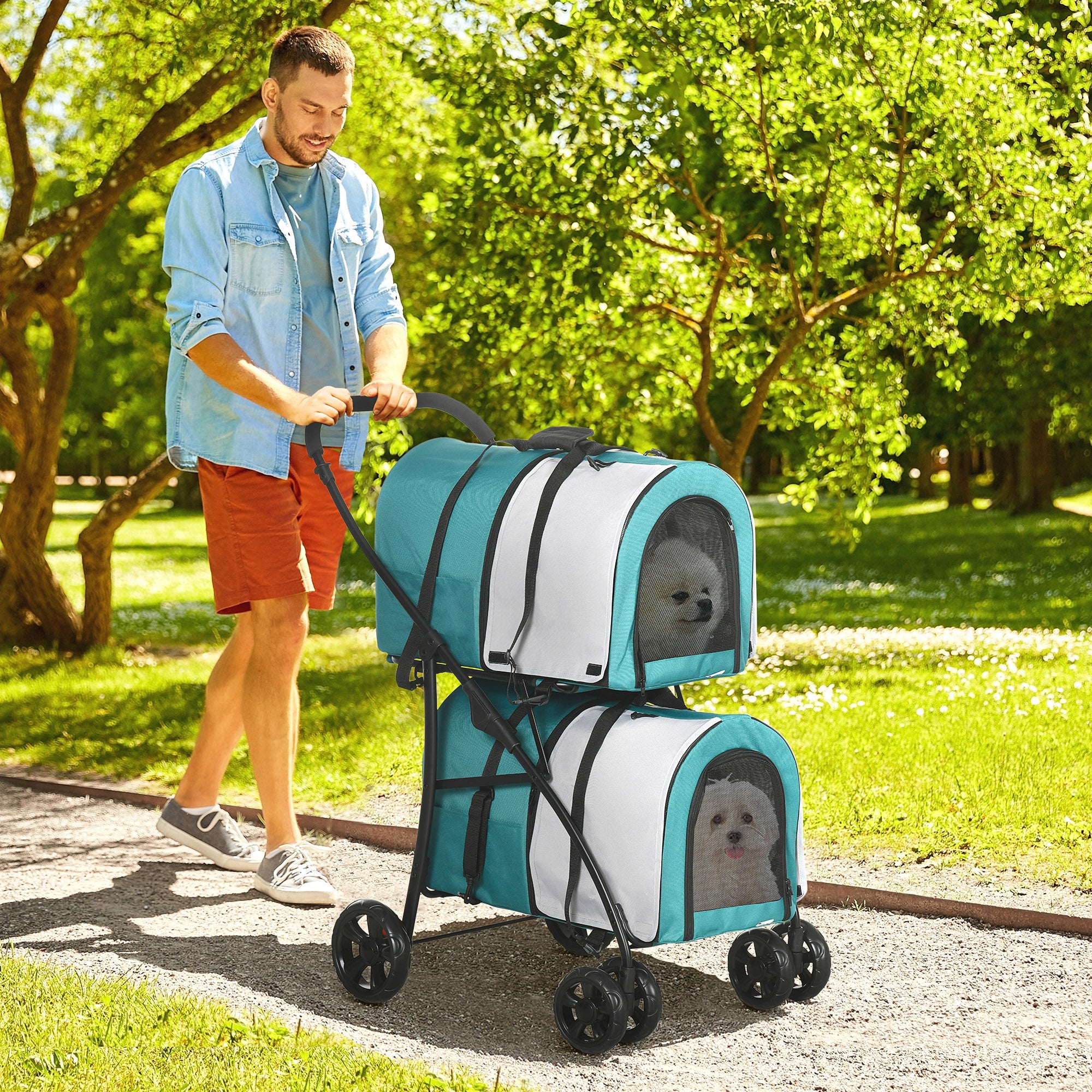 Double Pet Stroller for Dogs Cats Foldable Pet Stroller with 2 Removable Carriers Safety Belt Side Pockets and 2 Cushions Load 20 kg 66x50x98 cm Green and Gray