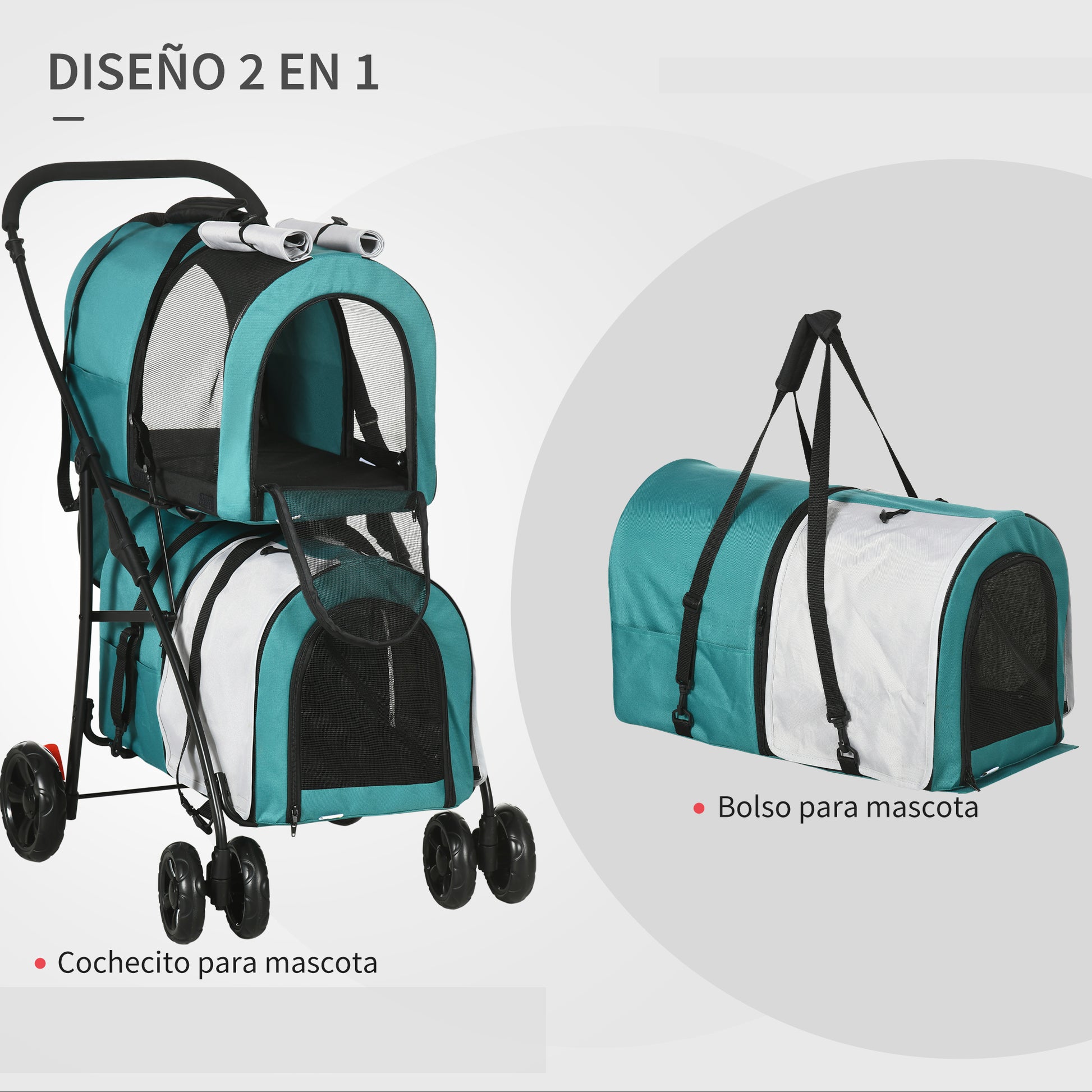Double Pet Stroller for Dogs Cats Foldable Pet Stroller with 2 Removable Carriers Safety Belt Side Pockets and 2 Cushions Load 20 kg 66x50x98 cm Green and Gray