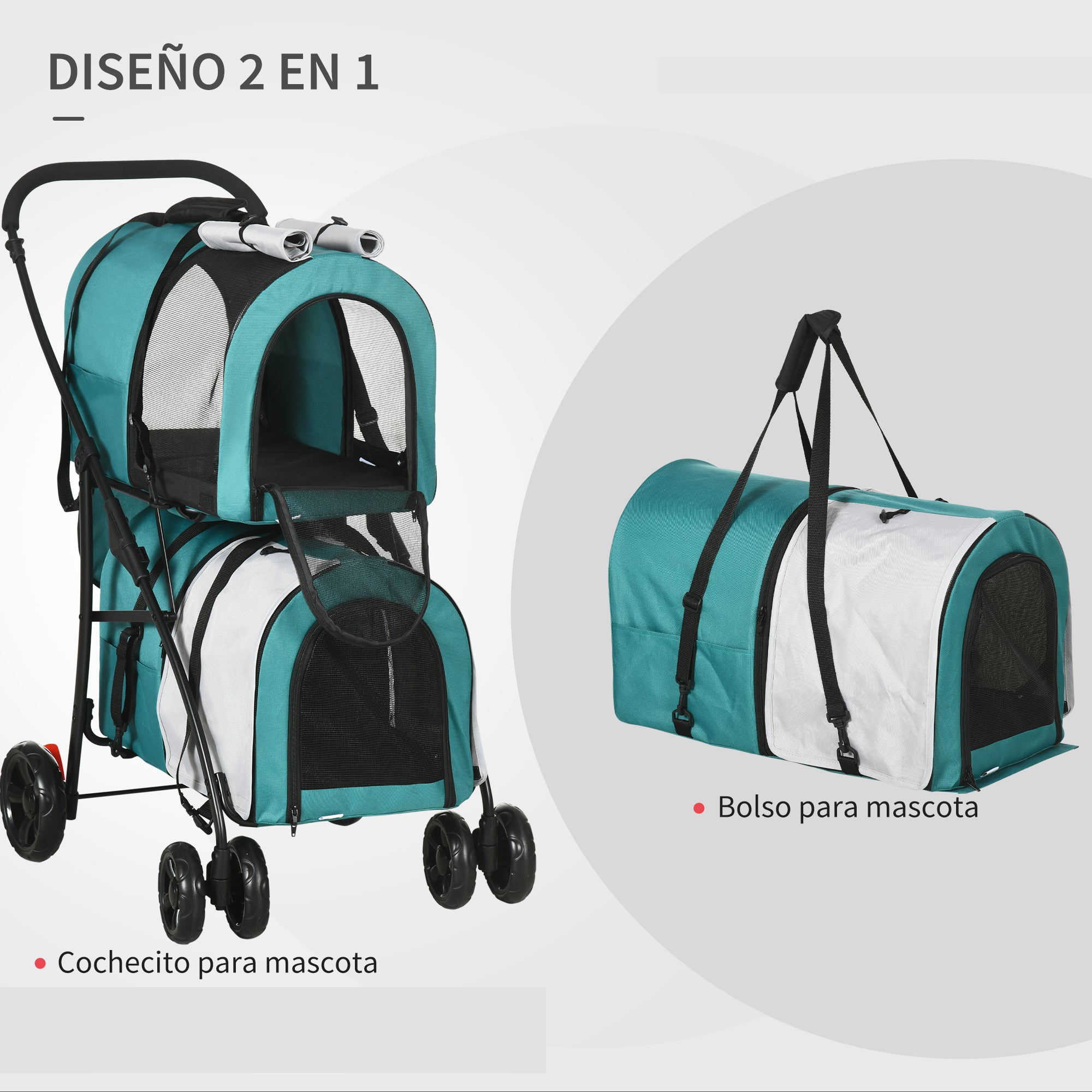 Double Pet Stroller for Dogs Cats Foldable Pet Stroller with 2 Removable Carriers Safety Belt Side Pockets and 2 Cushions Load 20 kg 66x50x98 cm Green and Gray