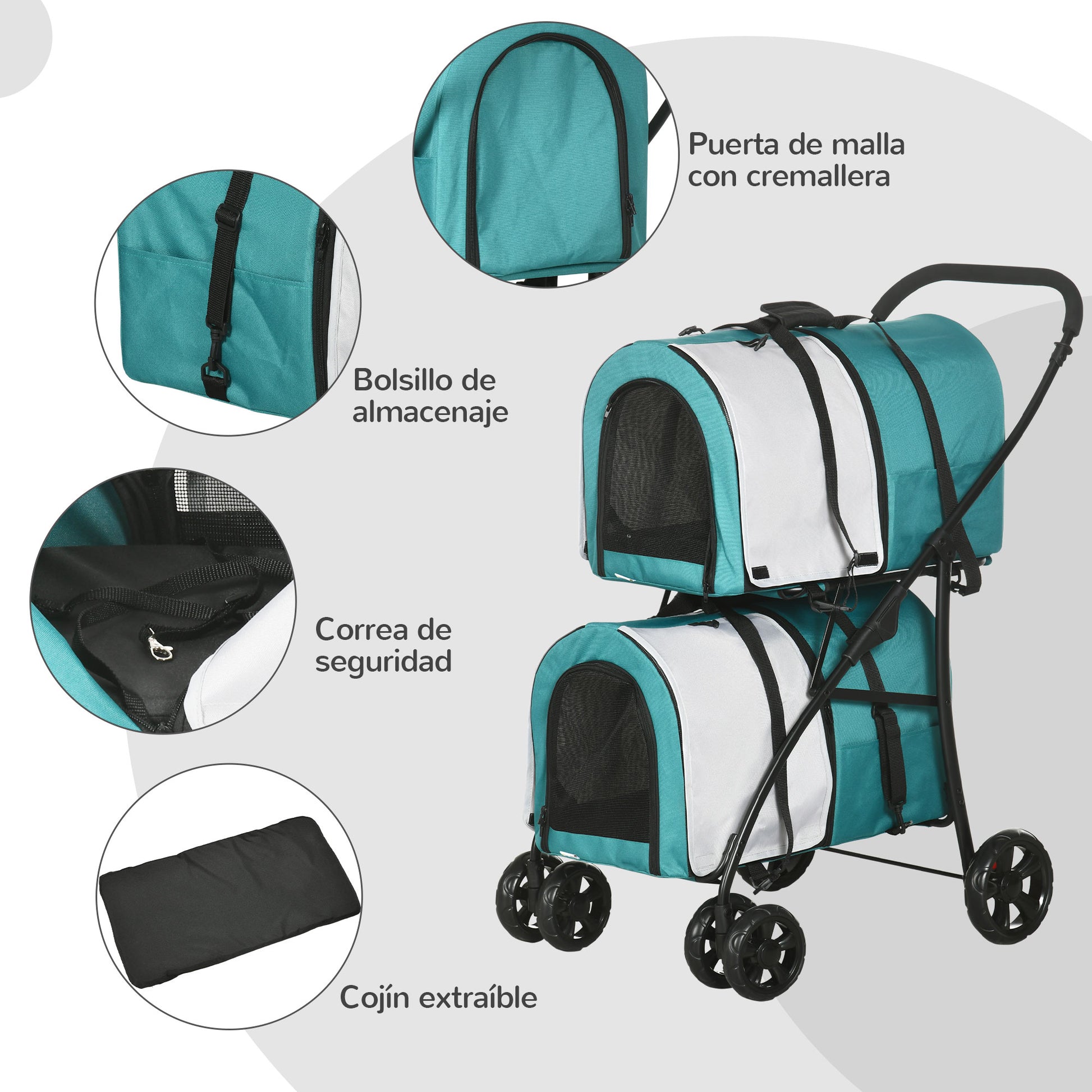 Double Pet Stroller for Dogs Cats Foldable Pet Stroller with 2 Removable Carriers Safety Belt Side Pockets and 2 Cushions Load 20 kg 66x50x98 cm Green and Gray