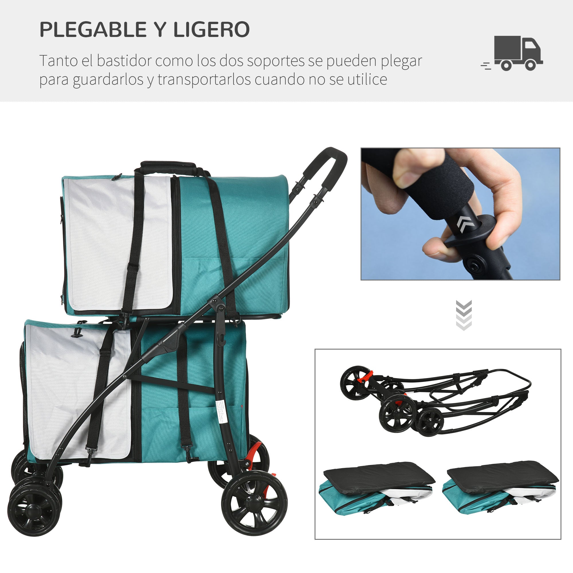 Double Pet Stroller for Dogs Cats Foldable Pet Stroller with 2 Removable Carriers Safety Belt Side Pockets and 2 Cushions Load 20 kg 66x50x98 cm Green and Gray