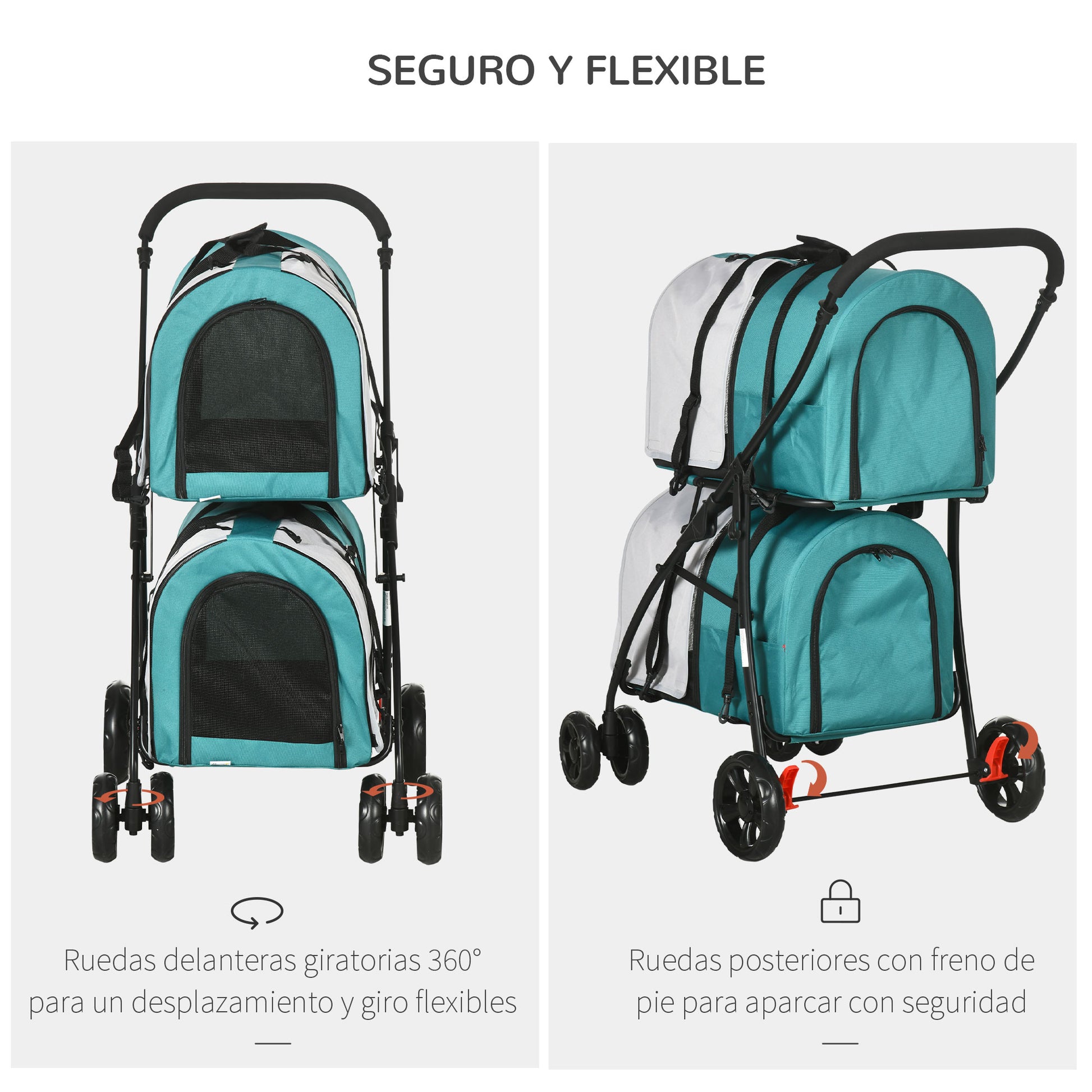 Double Pet Stroller for Dogs Cats Foldable Pet Stroller with 2 Removable Carriers Safety Belt Side Pockets and 2 Cushions Load 20 kg 66x50x98 cm Green and Gray