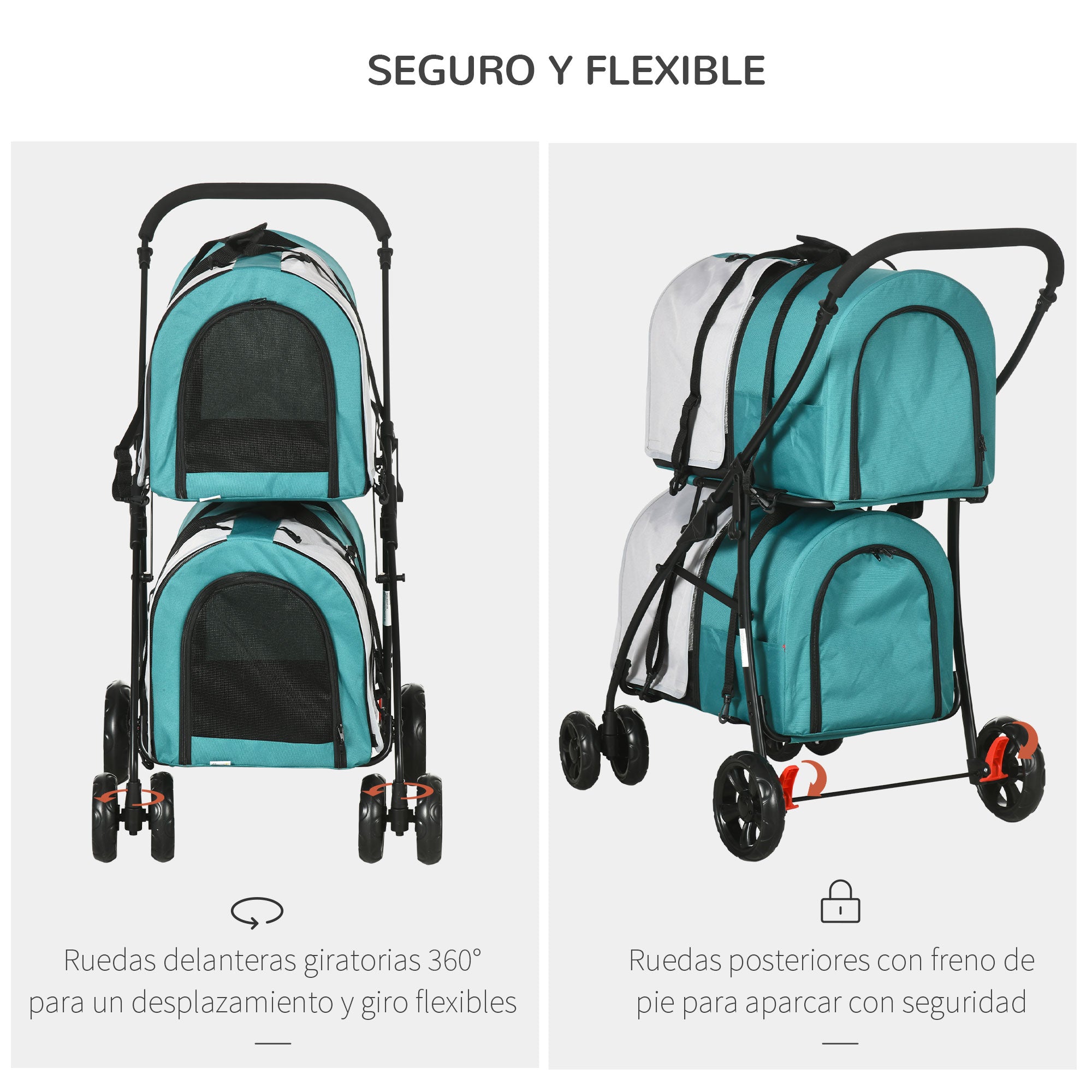 Double Pet Stroller for Dogs Cats Foldable Pet Stroller with 2 Removable Carriers Safety Belt Side Pockets and 2 Cushions Load 20 kg 66x50x98 cm Green and Gray