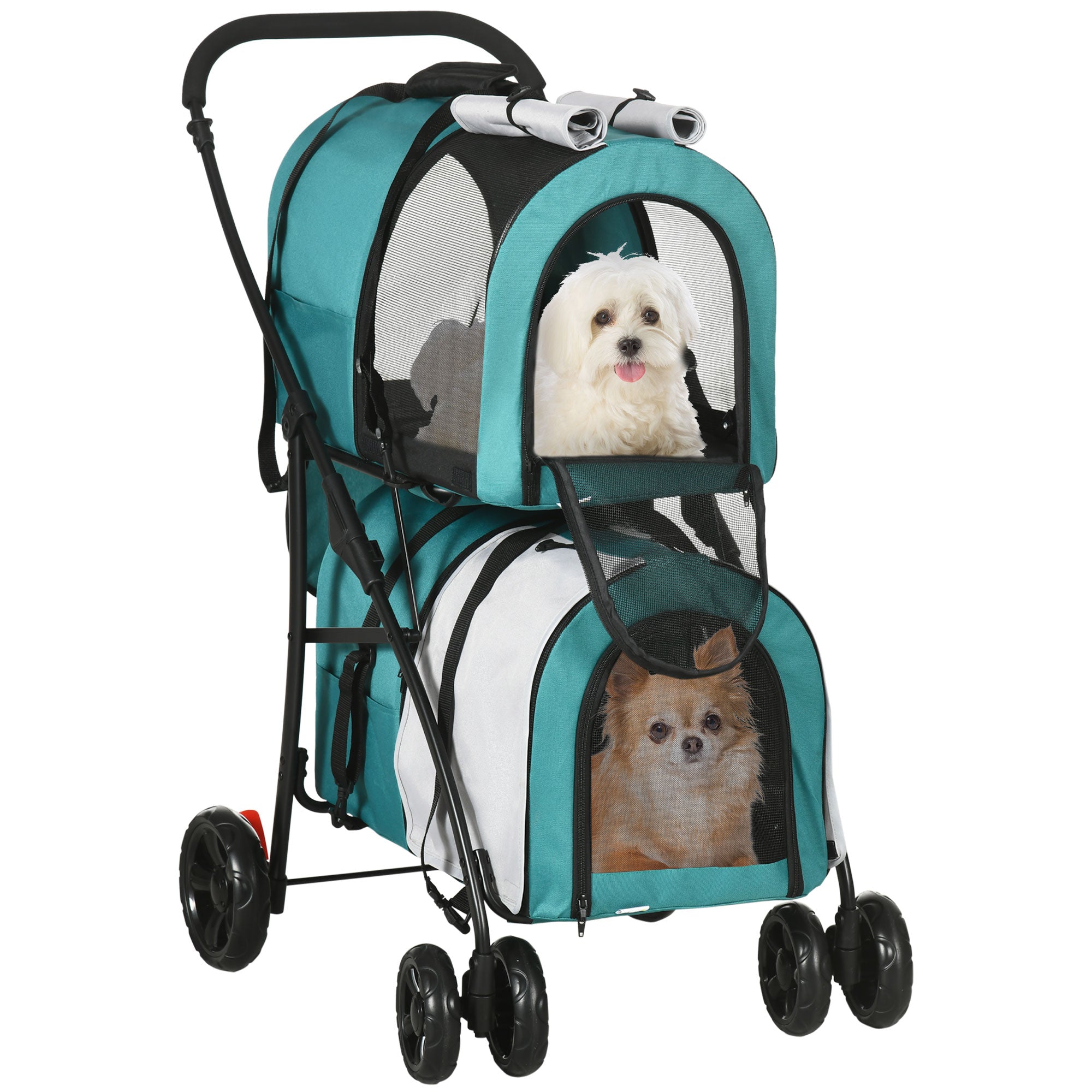 Double Pet Stroller for Dogs Cats Foldable Pet Stroller with 2 Removable Carriers Safety Belt Side Pockets and 2 Cushions Load 20 kg 66x50x98 cm Green and Gray