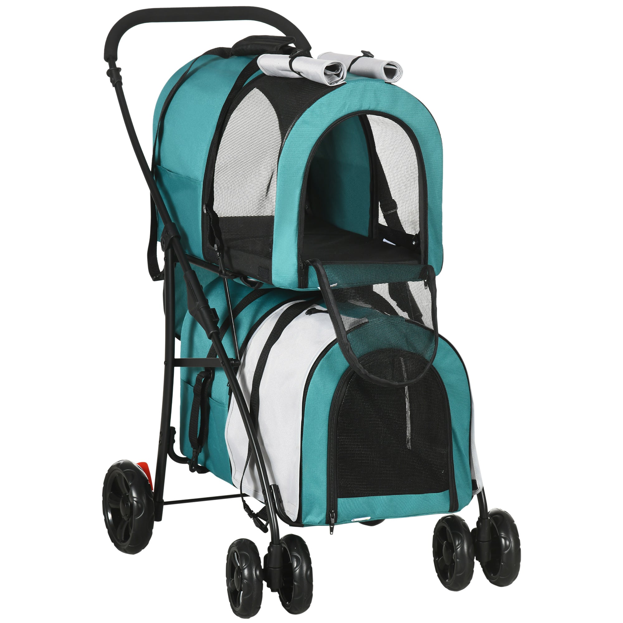 Double Pet Stroller for Dogs Cats Foldable Pet Stroller with 2 Removable Carriers Safety Belt Side Pockets and 2 Cushions Load 20 kg 66x50x98 cm Green and Gray