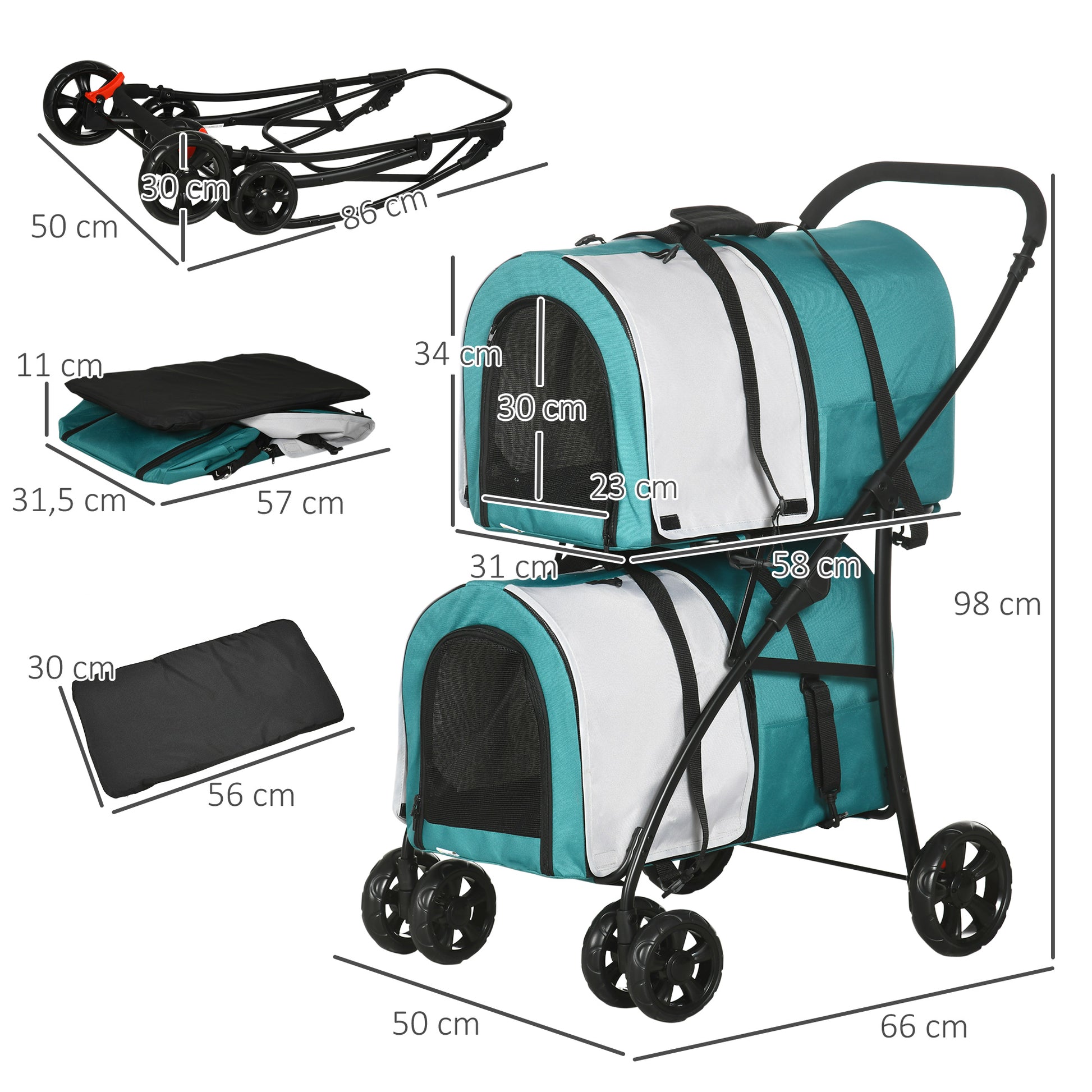 Double Pet Stroller for Dogs Cats Foldable Pet Stroller with 2 Removable Carriers Safety Belt Side Pockets and 2 Cushions Load 20 kg 66x50x98 cm Green and Gray