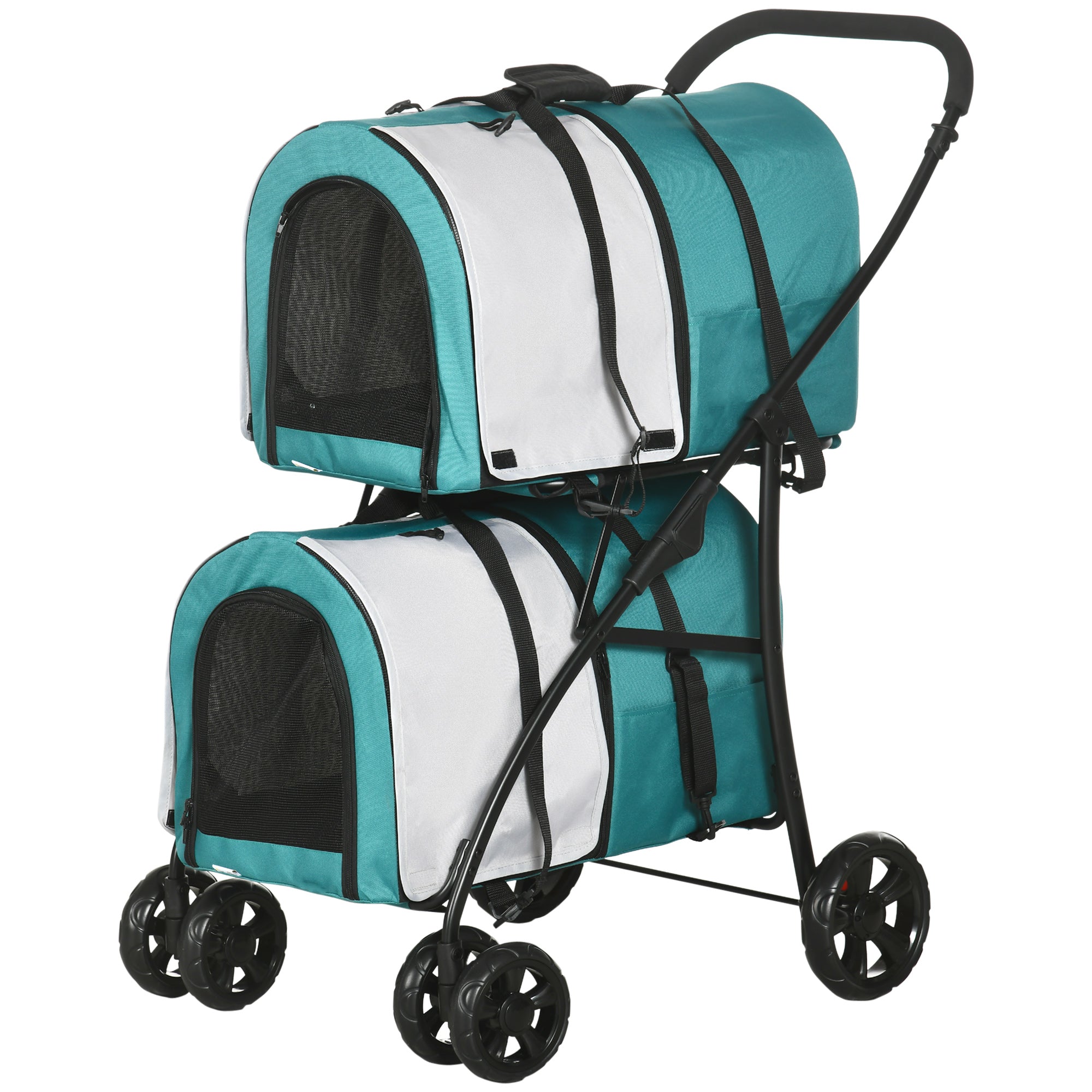 Double Pet Stroller for Dogs Cats Foldable Pet Stroller with 2 Removable Carriers Safety Belt Side Pockets and 2 Cushions Load 20 kg 66x50x98 cm Green and Gray