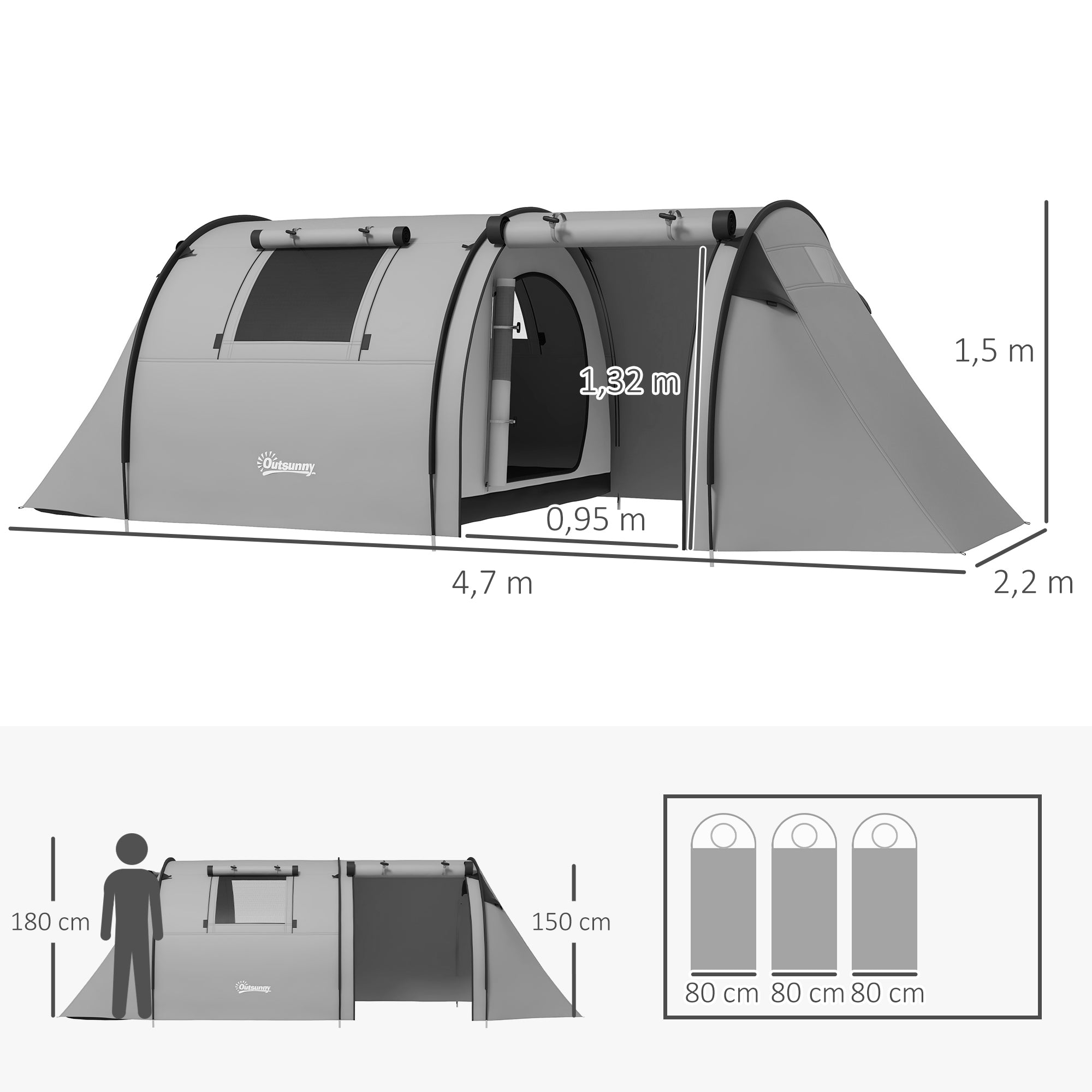 Family Camping Tent for 3 People Lightweight Foldable Camping Tent with Doors Windows Hook Carry Bag Waterproof 3000mm for Beach Hiking 470x220x150 cm Gray