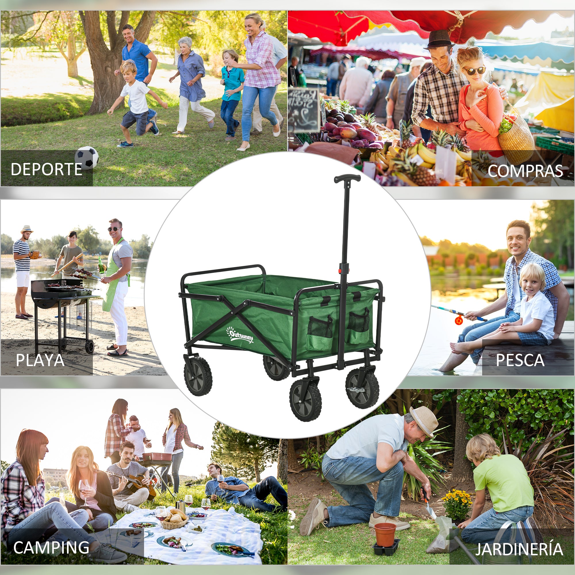 Foldable Transport Cart with Adjustable Handle Universal Wheel Brake for Beach Garden Camping Steel Frame Load 40 kg 83x50x69-99 cm