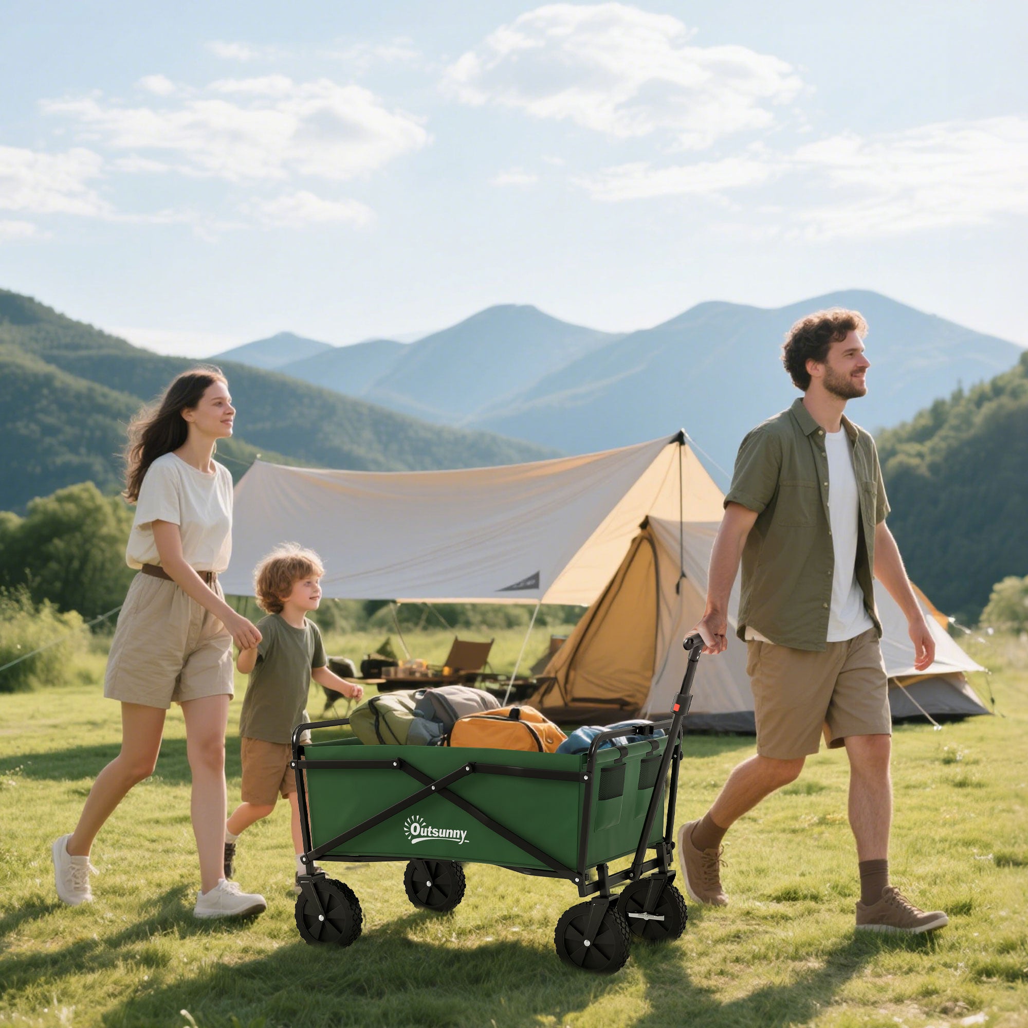 Foldable Transport Cart with Adjustable Handle Universal Wheel Brake for Beach Garden Camping Steel Frame Load 40 kg 83x50x69-99 cm