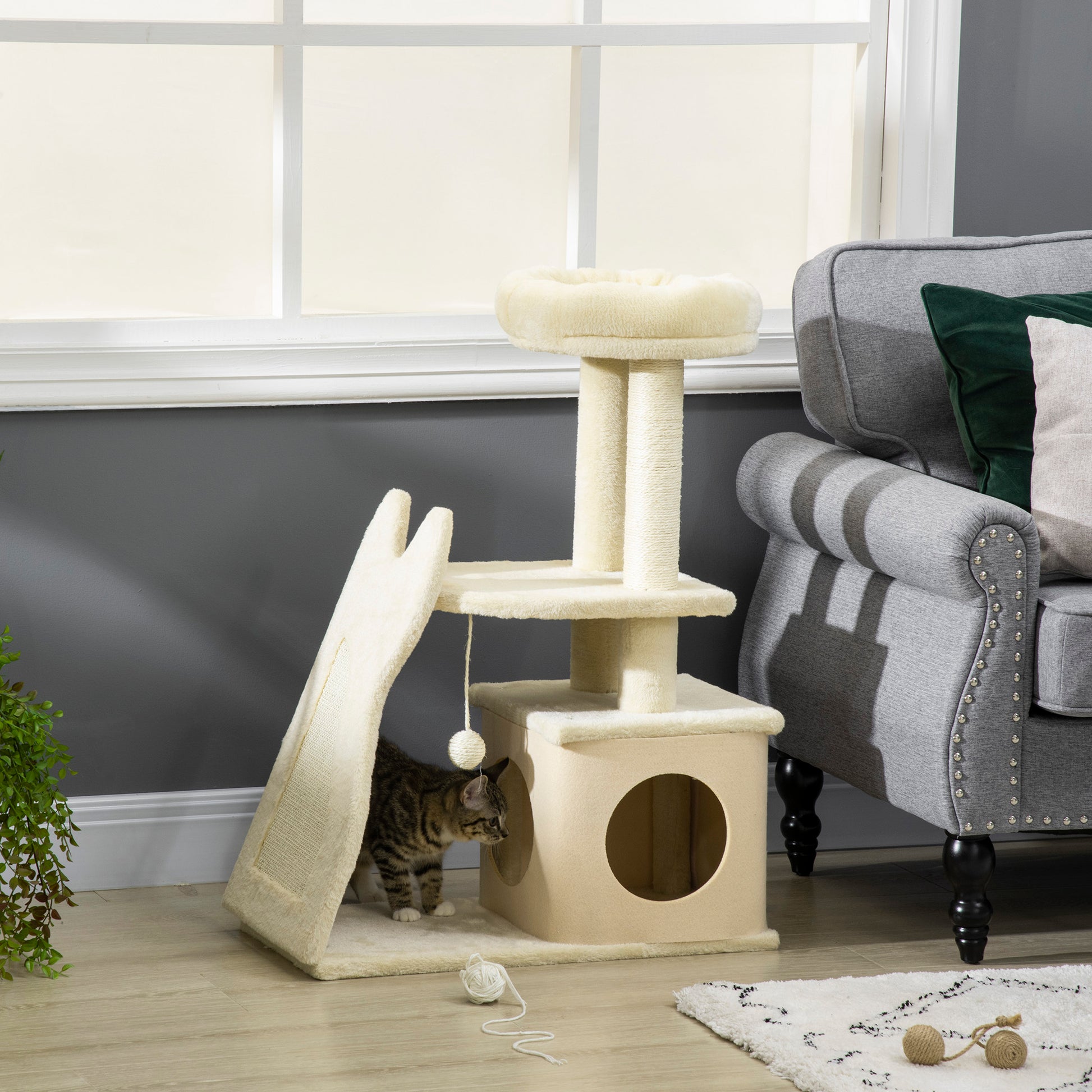 Cat Scratching Post for Adult Cats and Kittens with Mat and Sisal Poles, Cat Scratcher with Removable House, Bed, and Ball, 60x30x83cm, Beige