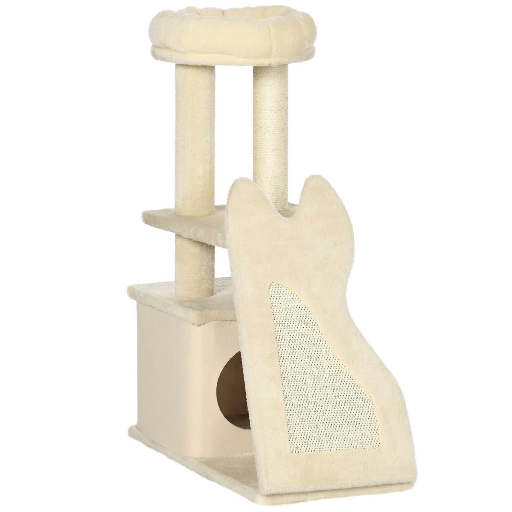 Cat Scratching Post for Adult Cats and Kittens with Mat and Sisal Poles, Cat Scratcher with Removable House, Bed, and Ball, 60x30x83cm, Beige