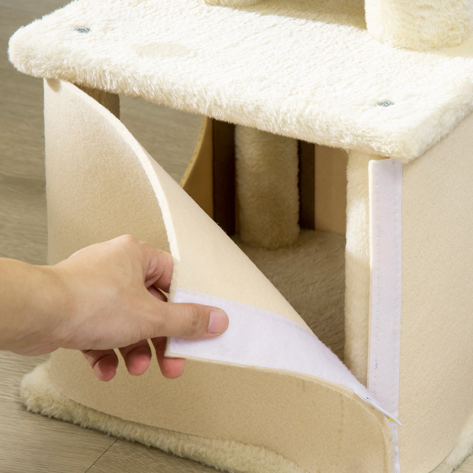 Cat Scratching Post for Adult Cats and Kittens with Mat and Sisal Poles, Cat Scratcher with Removable House, Bed, and Ball, 60x30x83cm, Beige
