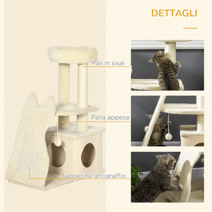 Cat Scratching Post for Adult Cats and Kittens with Mat and Sisal Poles, Cat Scratcher with Removable House, Bed, and Ball, 60x30x83cm, Beige