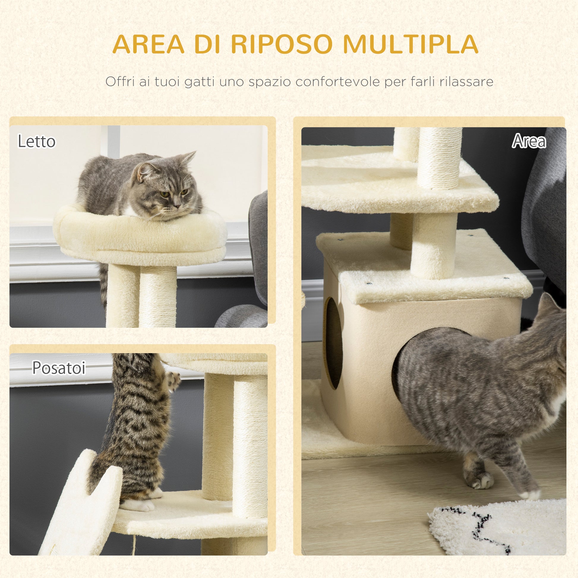 Cat Scratching Post for Adult Cats and Kittens with Mat and Sisal Poles, Cat Scratcher with Removable House, Bed, and Ball, 60x30x83cm, Beige