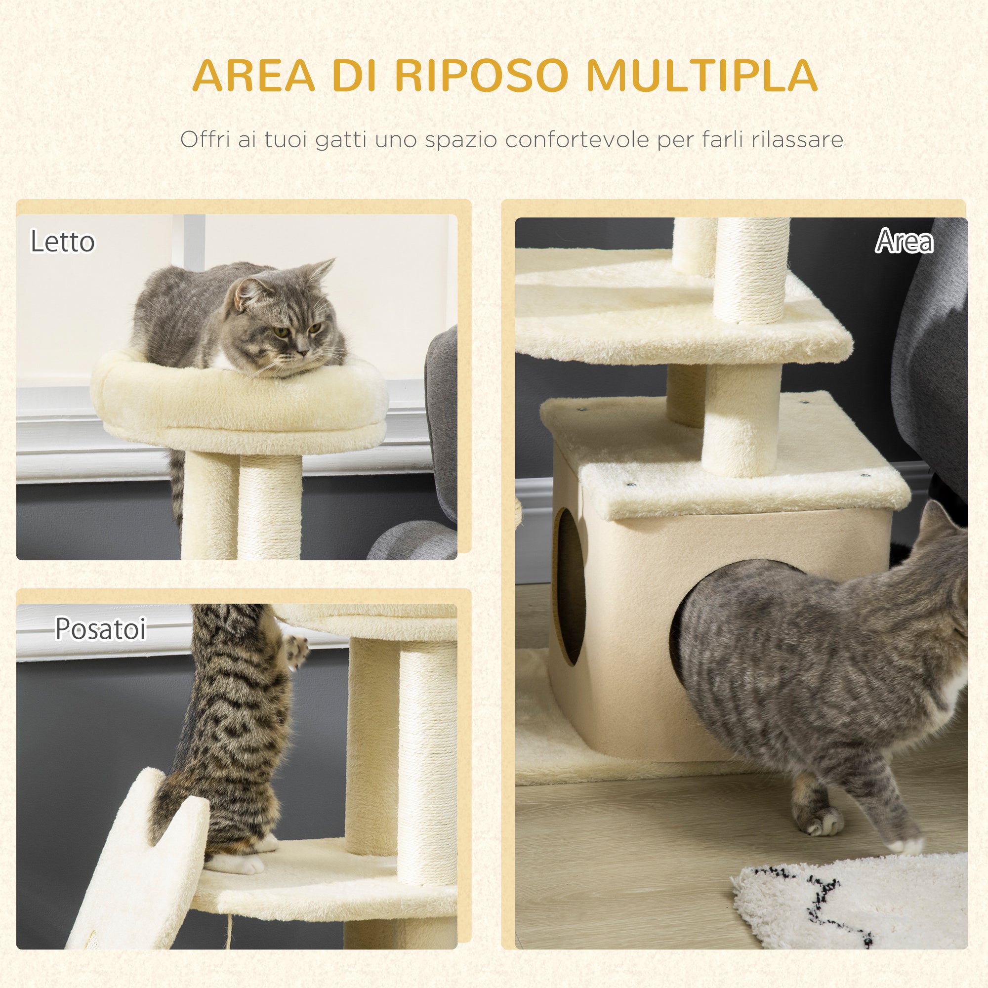 Cat Scratching Post for Adult Cats and Kittens with Mat and Sisal Poles, Cat Scratcher with Removable House, Bed, and Ball, 60x30x83cm, Beige