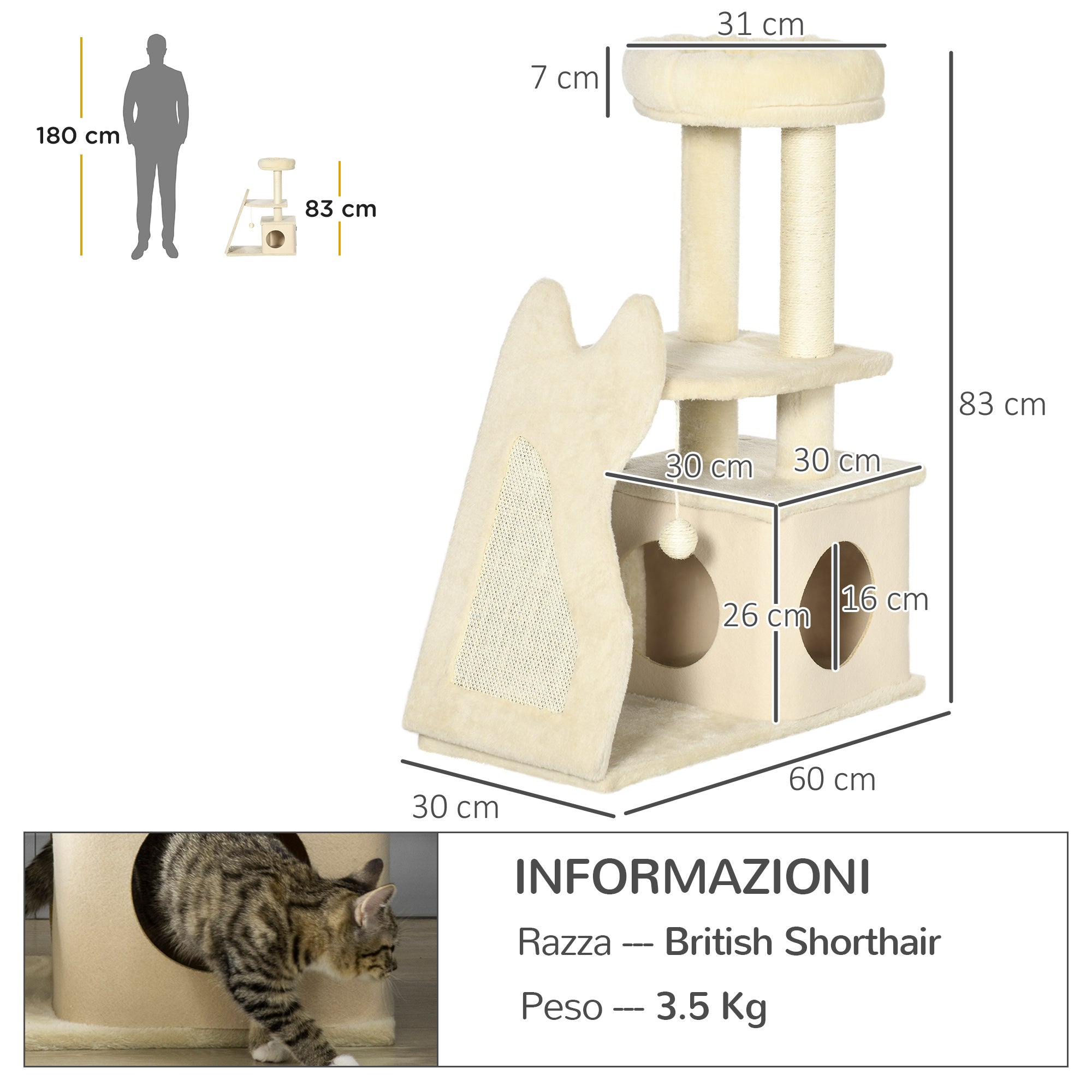 Cat Scratching Post for Adult Cats and Kittens with Mat and Sisal Poles, Cat Scratcher with Removable House, Bed, and Ball, 60x30x83cm, Beige