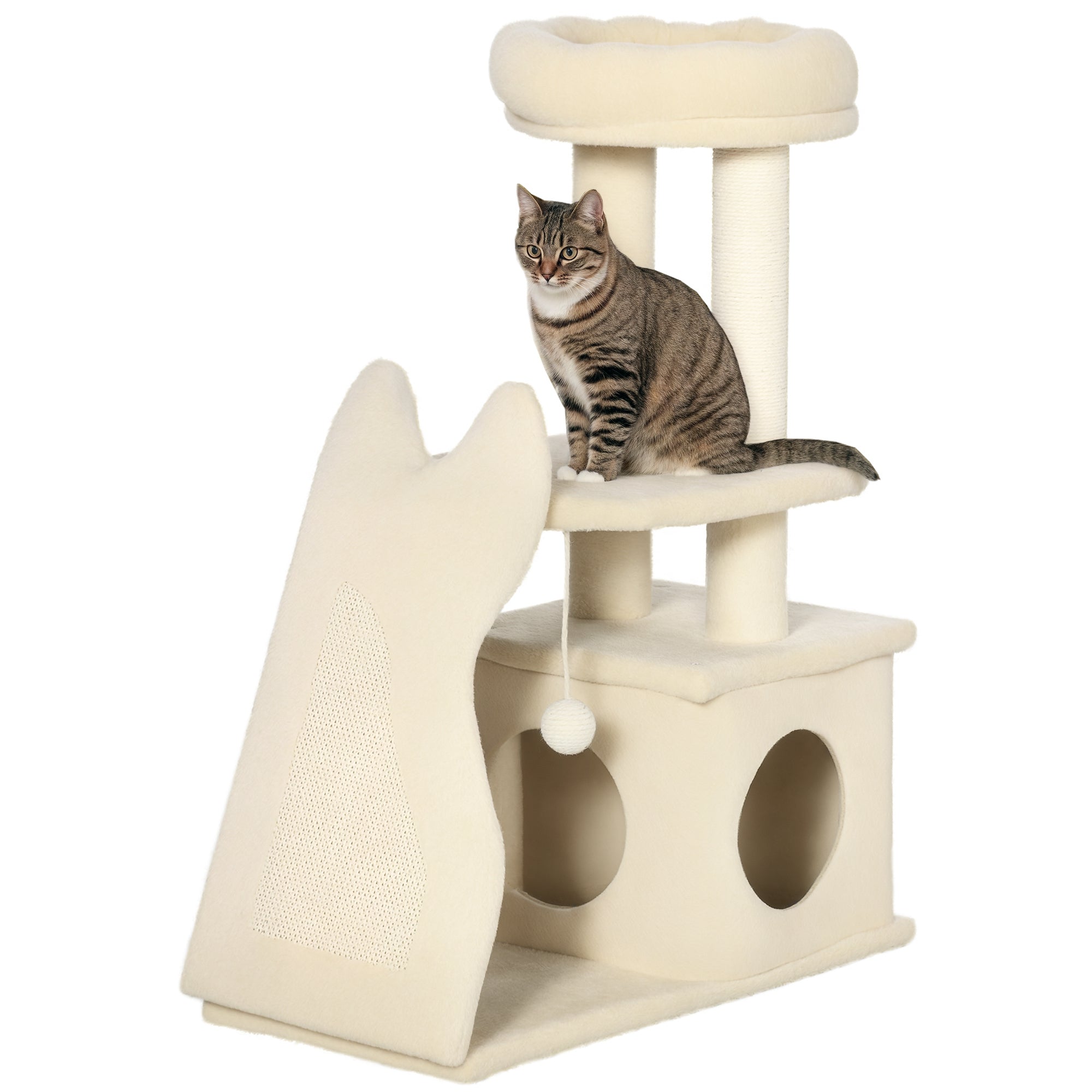 Cat Scratching Post for Adult Cats and Kittens with Mat and Sisal Poles, Cat Scratcher with Removable House, Bed, and Ball, 60x30x83cm, Beige