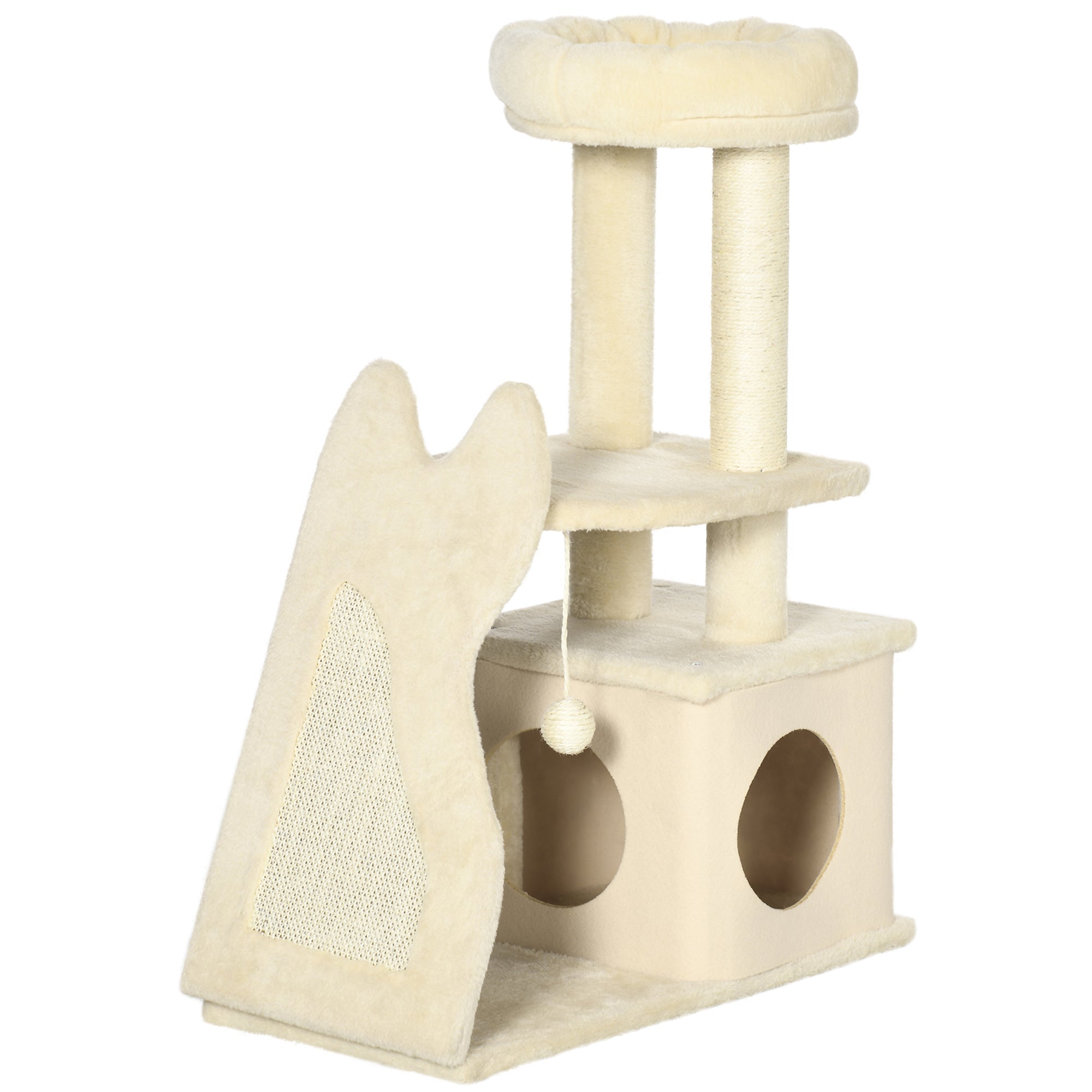 Cat Scratching Post for Adult Cats and Kittens with Mat and Sisal Poles, Cat Scratcher with Removable House, Bed, and Ball, 60x30x83cm, Beige