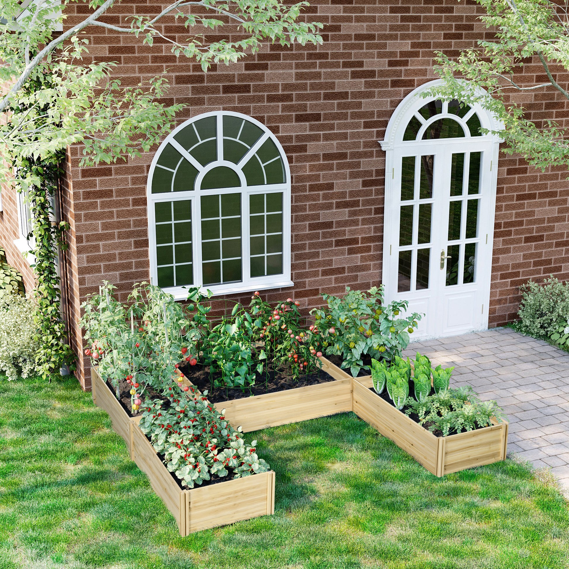 Set of 5 modular wooden raised garden planters for outdoor, pre-oiled fir wood, dim. 230L x 230W x 28H cm natural wood