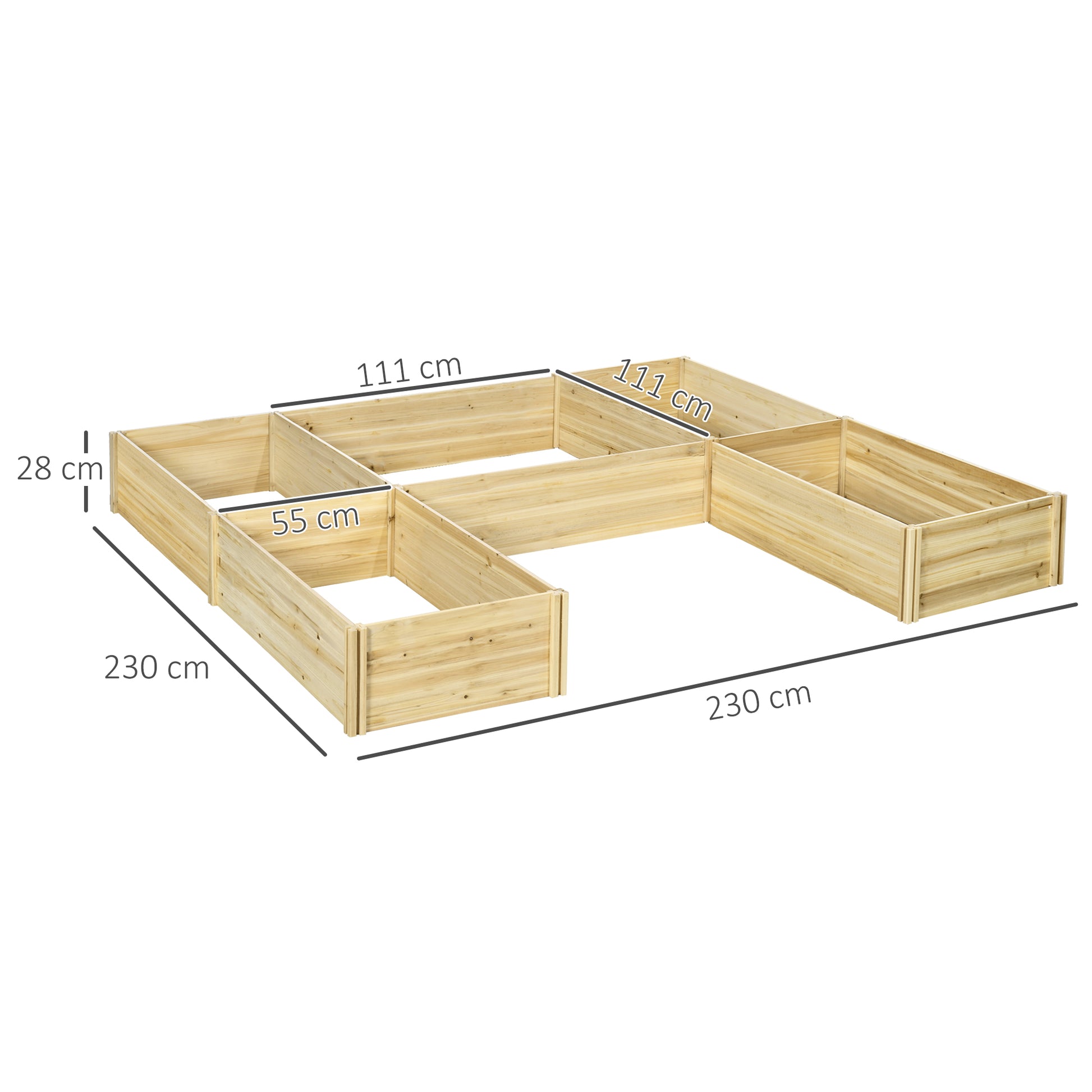 Set of 5 modular wooden raised garden planters for outdoor, pre-oiled fir wood, dim. 230L x 230W x 28H cm natural wood