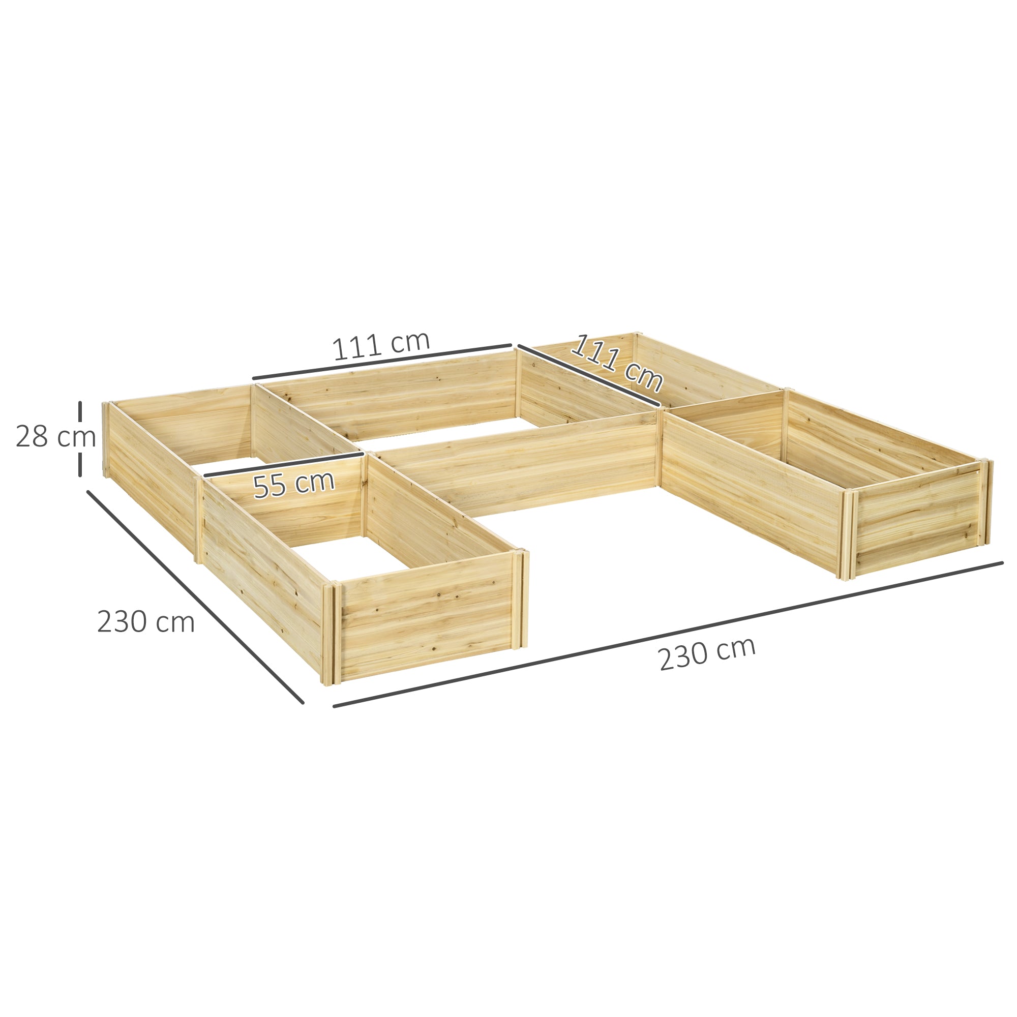 Set of 5 modular wooden raised garden planters for outdoor, pre-oiled fir wood, dim. 230L x 230W x 28H cm natural wood