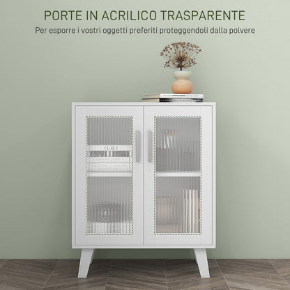 Modern Sideboard with 2 Transparent Doors, Multi-Purpose 2-Shelf Unit for Kitchen and Living Room, 61x35x75cm, White