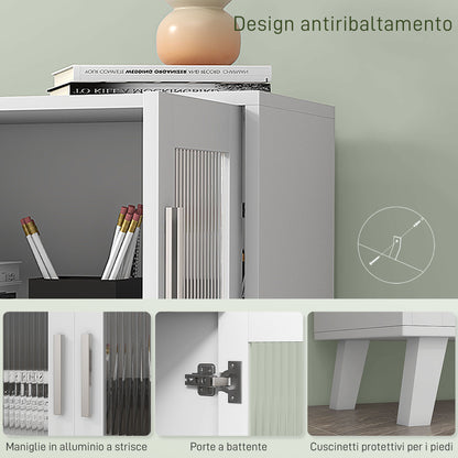 Modern Sideboard with 2 Transparent Doors, Multi-Purpose 2-Shelf Unit for Kitchen and Living Room, 61x35x75cm, White