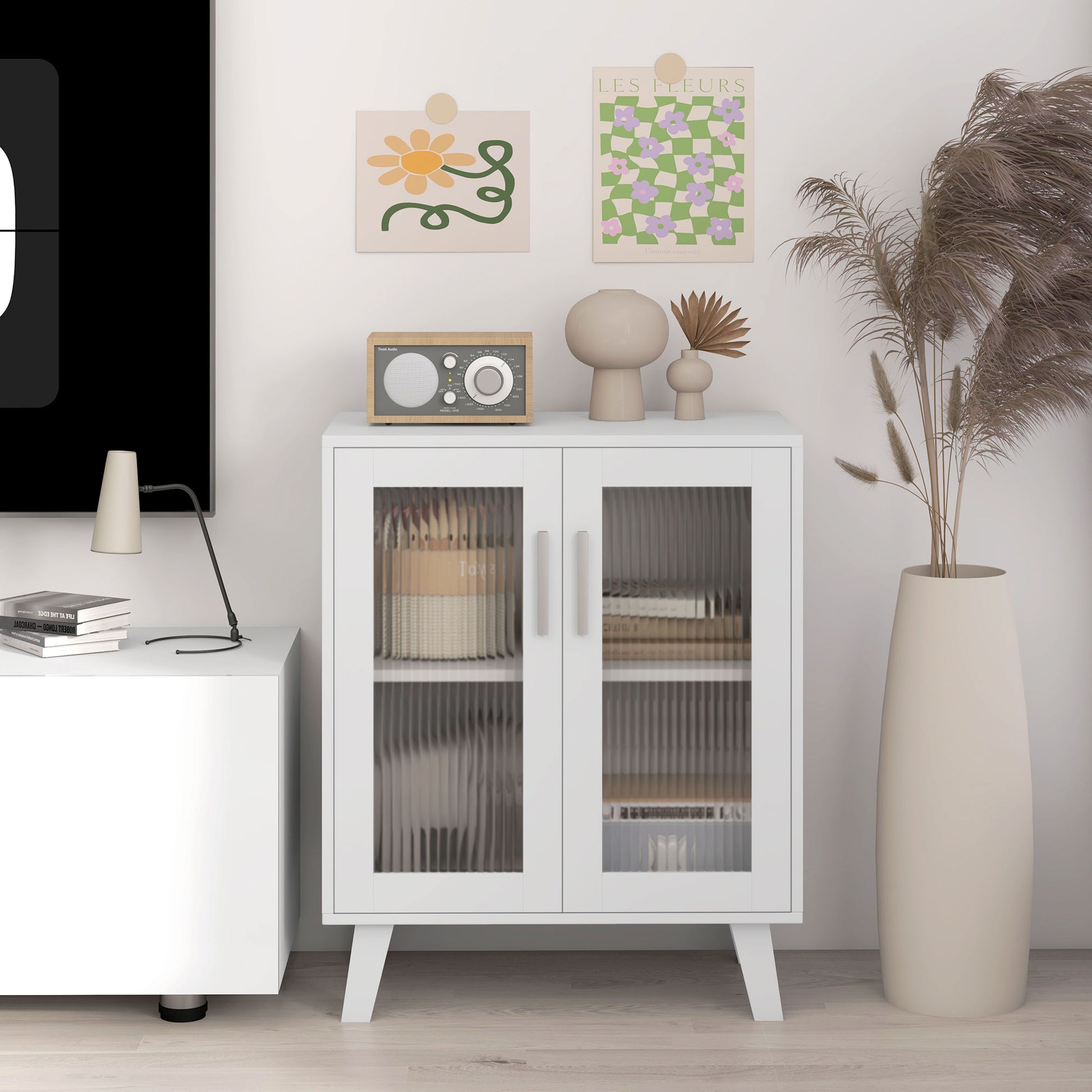 Modern Sideboard with 2 Transparent Doors, Multi-Purpose 2-Shelf Unit for Kitchen and Living Room, 61x35x75cm, White