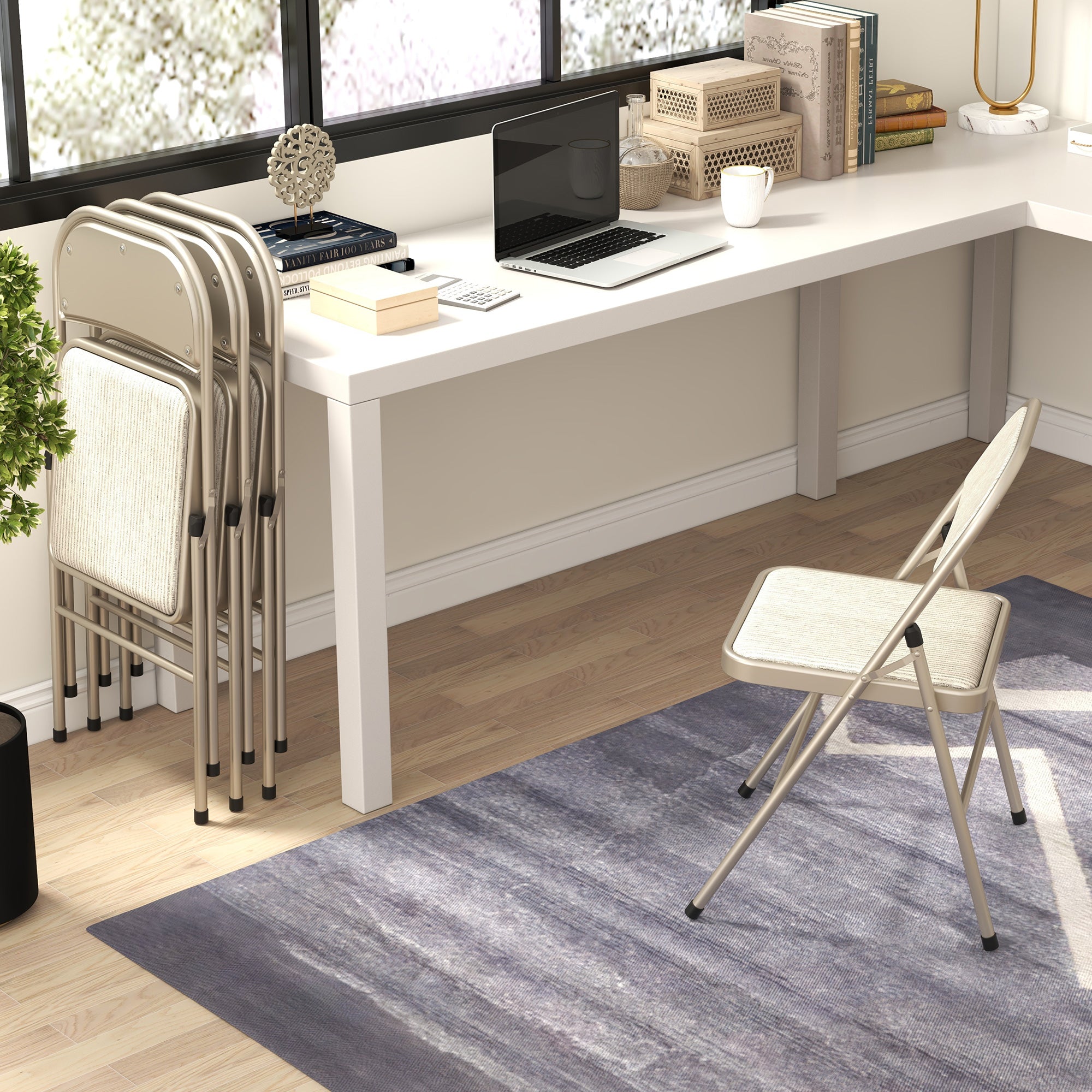 Set of 4 folding chairs portable dining chairs indoor foldable chair with linen cushion and steel frame 45 x 46 x 78 cm beige