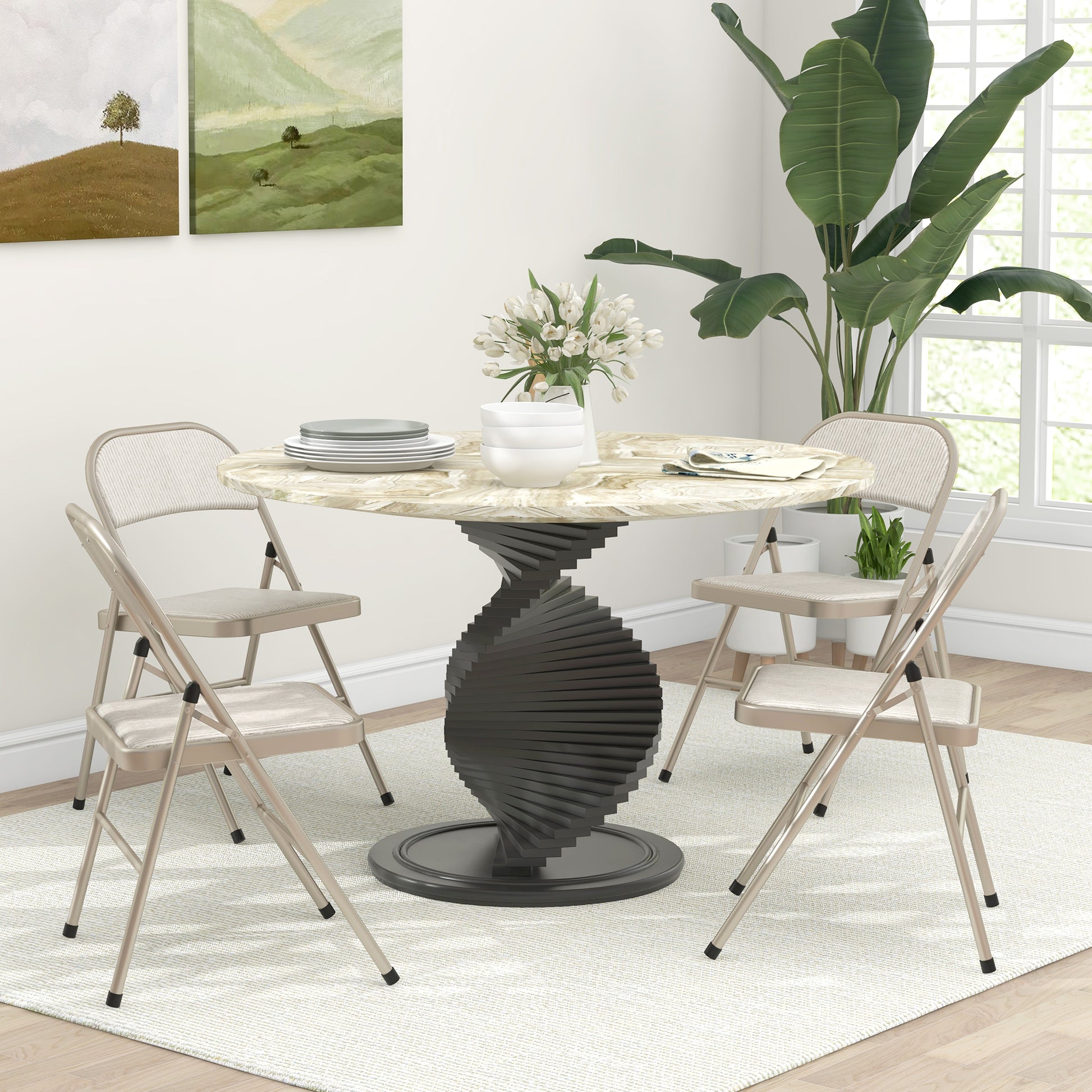 Set of 4 folding chairs portable dining chairs indoor foldable chair with linen cushion and steel frame 45 x 46 x 78 cm beige