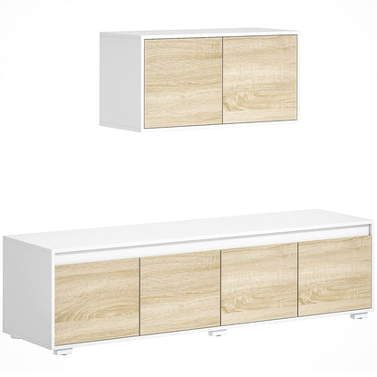 Set of 2 Living Room Wall Unit in Particle Board, TV Stand max 70" 160x39x43 cm and Wall-Mounted Multipurpose Cabinet 80x35x40 cm, White and Wood Color