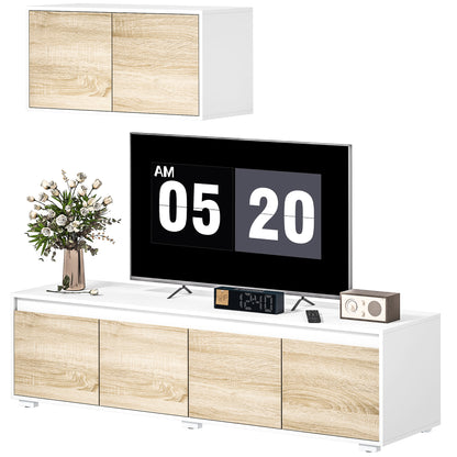 Set of 2 Living Room Wall Unit in Particle Board, TV Stand max 70" 160x39x43 cm and Wall-Mounted Multipurpose Cabinet 80x35x40 cm, White and Wood Color